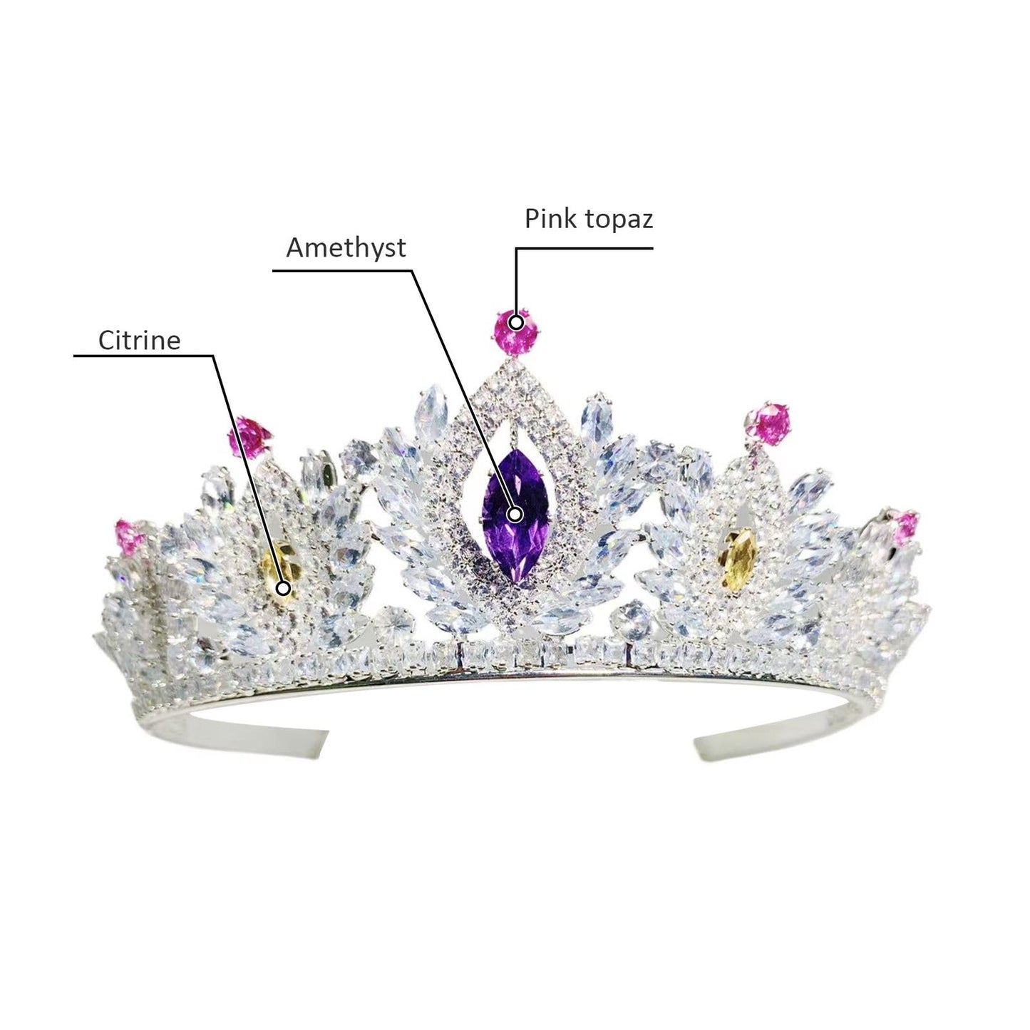 ZECAA Crystal Tiara Crown Headband Princess Elegant Crown With Natural Amethyst Citrine Pink Topaz Gemstone Women Lady Bridal Wedding Prom Birthday Party Girl Gift