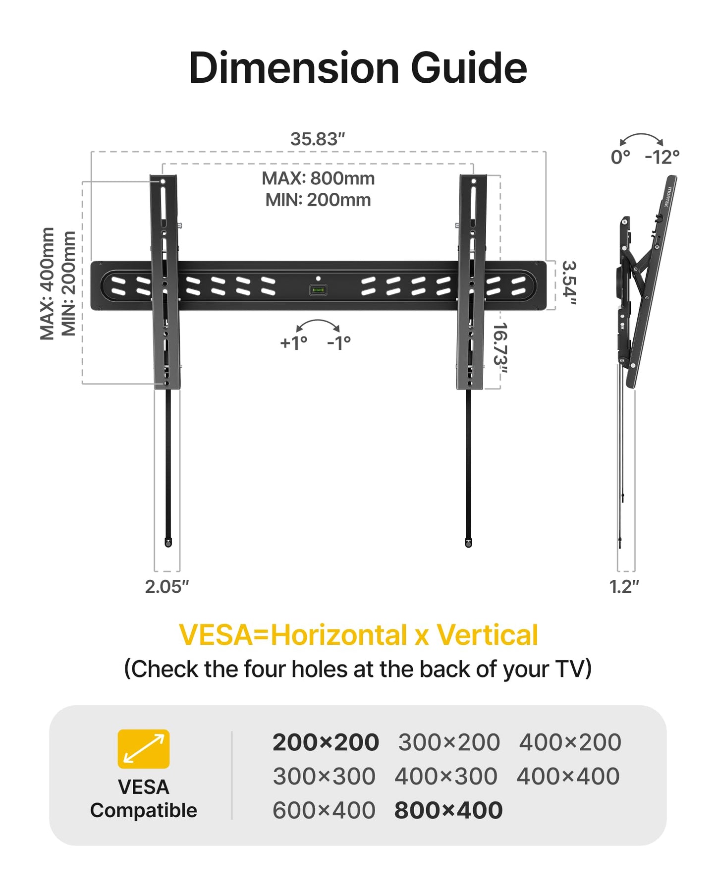 monTEK Ultra Slim Tilting TV Wall Mount Bracket for 43–95" Flat & Curved TVs, 1.2" Low Profile, Anti-Glare Tilt, Holds 150 lbs, Supports VESA 800x400, Fits 16"/18"/24"/32" Studs