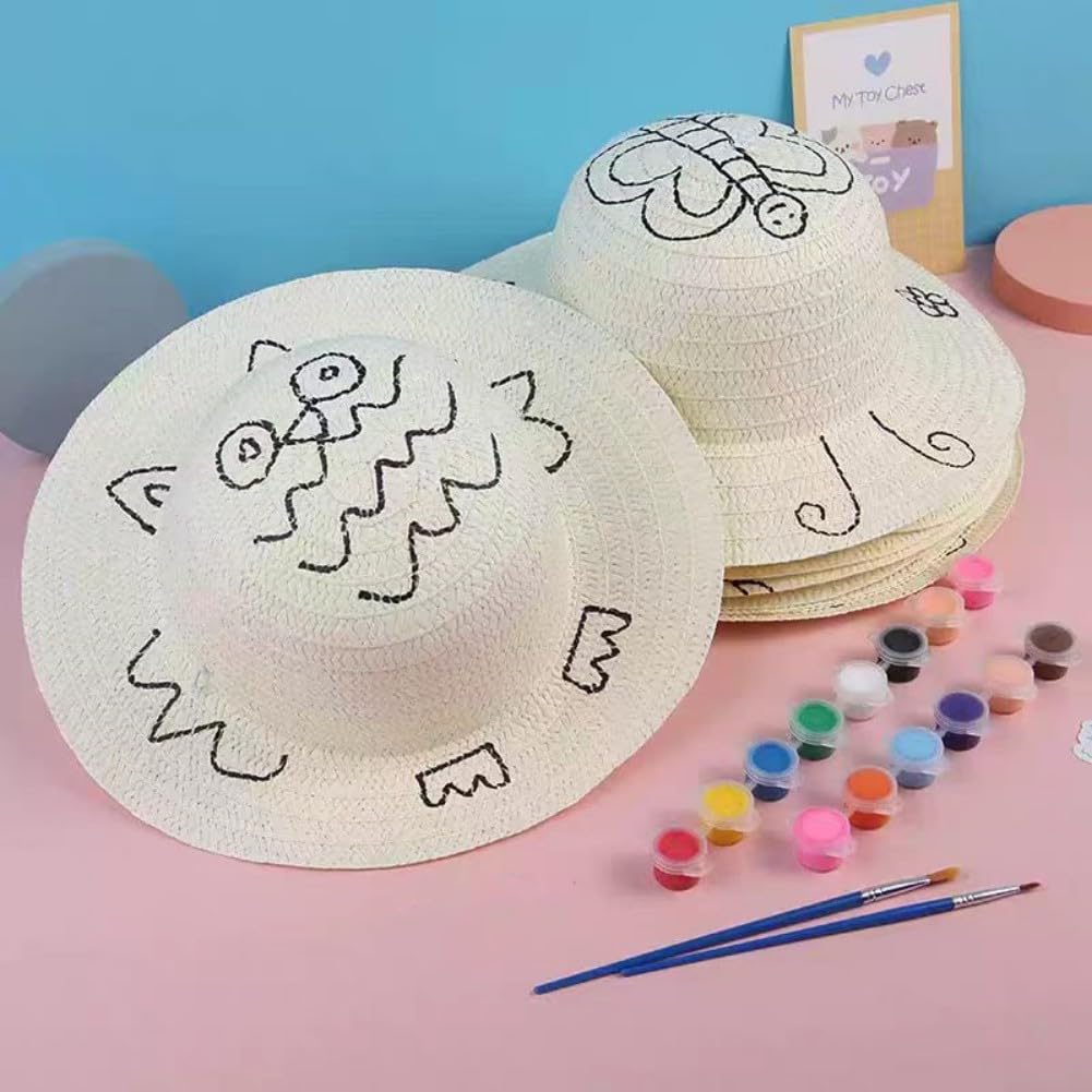 Cumuiu DIY Straw Hat Craft Painting Hats Handmade Hat Tea Party Hats Cap Beach Sun Hat Art Painting Hat with Paints & Brush (US, Age, 3 Years, 5 Years, 10)