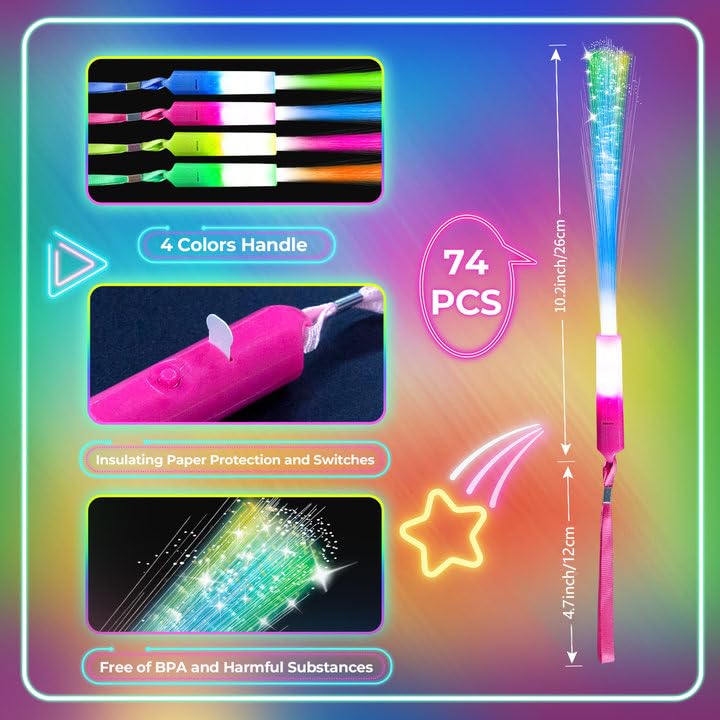 SHQDD 74 PCS Glow Fiber Wands Sticks, LED Light Wands, Glow in The Dark Party Supplies, Fiber Optic Wands, LED Flashing Sticks, Fiber Optic Light Wand Stick for Party, Wedding,Halloween and New Year