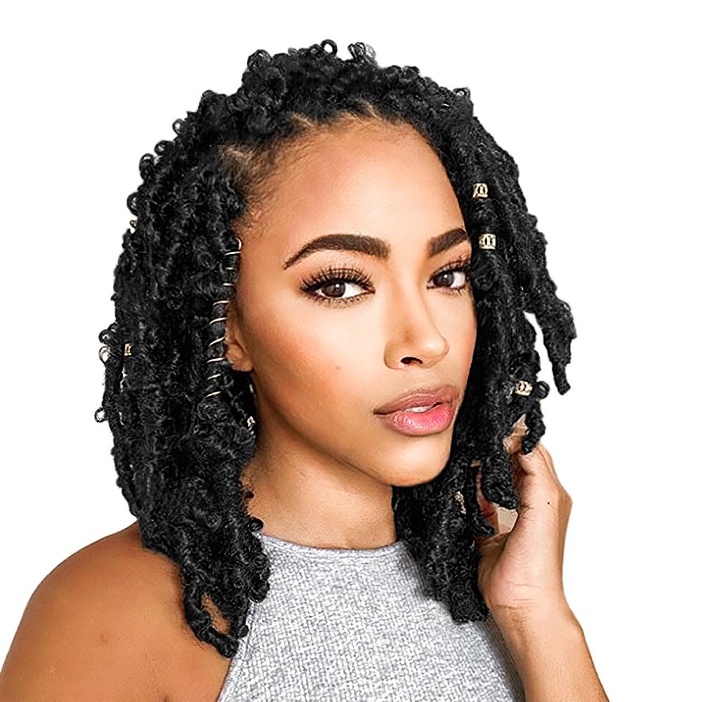 Niseyo 6 Packs Butterfly Locs Crochet Hair 12 Inch Pre Looped Natural Black Distressed Locs Crochet Braids (1B)