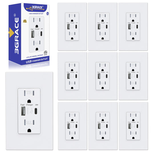 3GRACE USB Wall Outlet, Charger Outlets Receptacles with 4.2A USB C Ports, 15 Amp Duplex Tamper Resistant Receptacle Plug with Electrical Outlet, Wall Plate Included, ETL Listed，White, 10 Pack