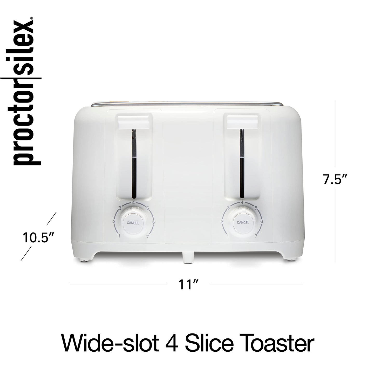 Proctor Silex 4 Slice Toaster with Extra Wide Slots for Bagels, Cool-Touch Walls, Shade Selector with 7 Browning Levels, Toast Boost, Auto Shut-off and Cancel Button, White (24214PS)