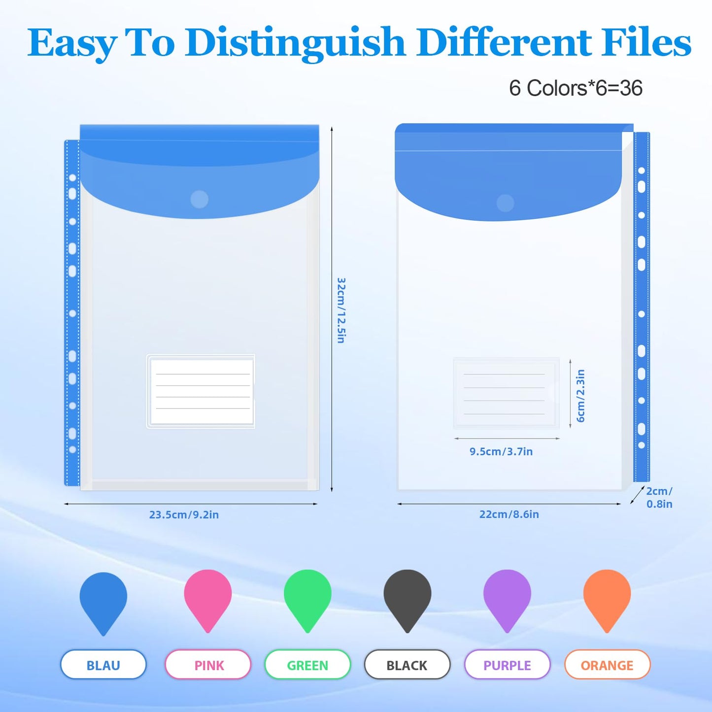36 Pack Binder Folders with Pockets 11 Holes Expandable Dividers for 2/3/4 Ring Document Pouch with Velcro Button & Label Loose-Leaf Transparent Binder Organizer for School Home Office