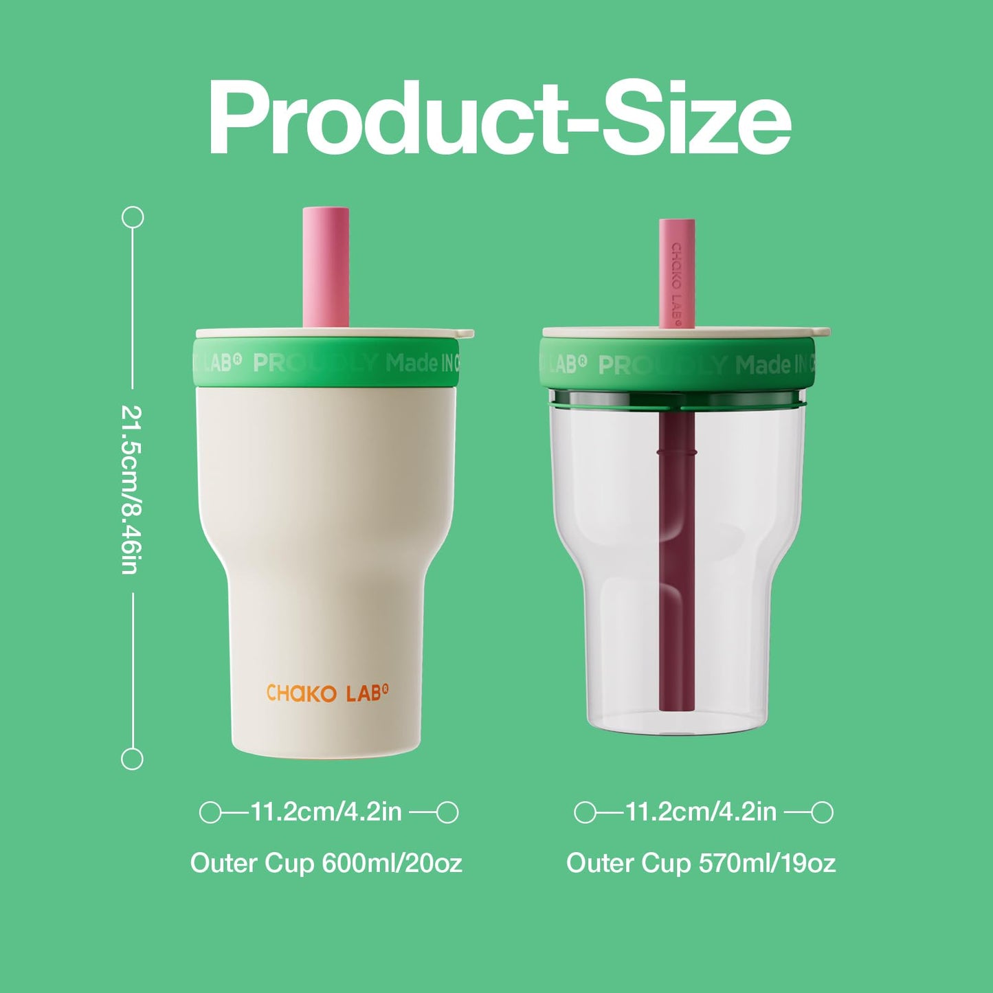 CHAKO LAB Insulated Stainless Steel Water Bottle | Dual-layer tumbler with Glass Linner and Stainsteel Linner | BPA-Free Leak Proof Thermos | 20oz Bottle with Two Straw | White and Green