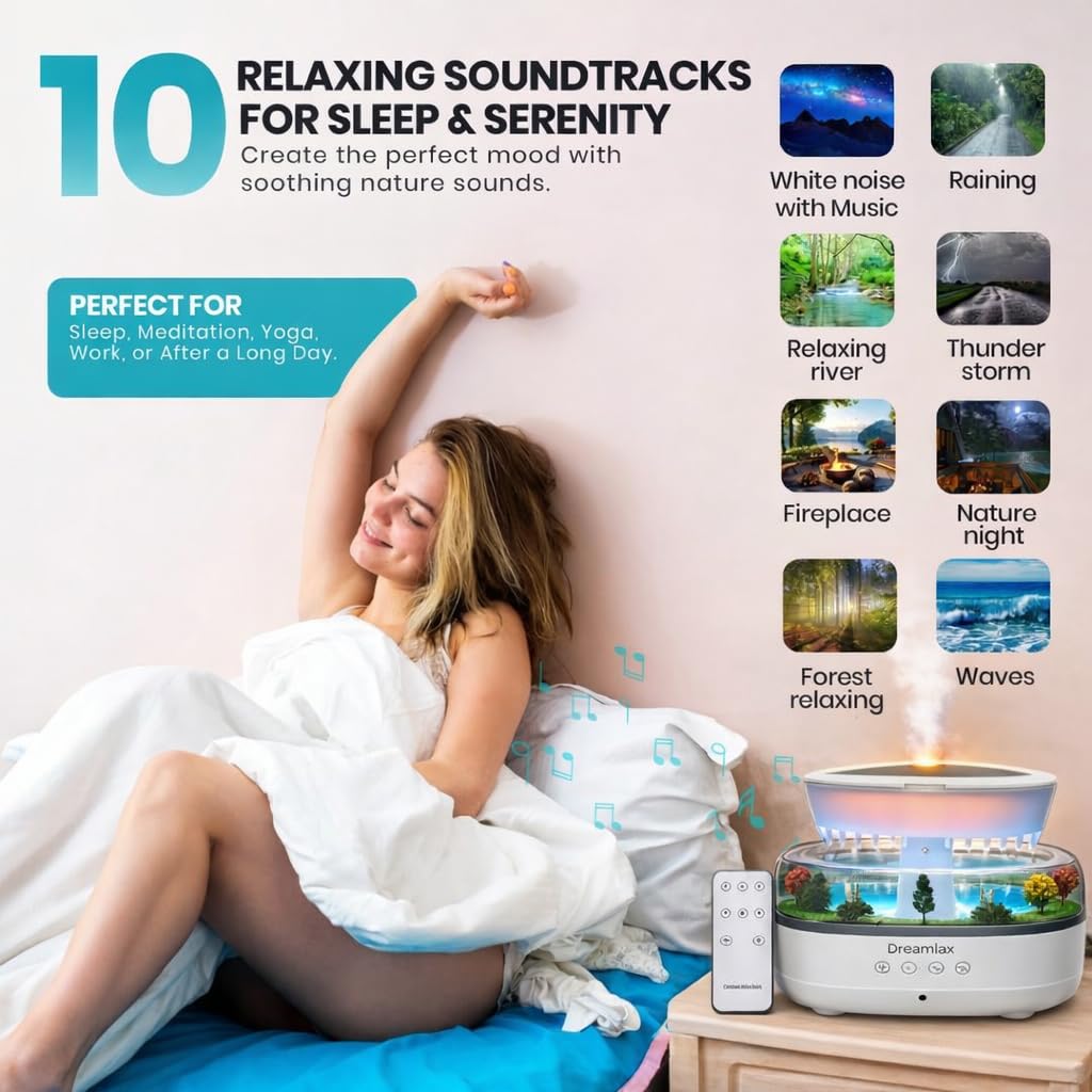 Dreamlax Rain Humidifiers for Bedroom – Cool Mist Essential Oil Diffuser, White Noise Machine with 10 Nature Sounds, 7 LED Lights, Remote Control & Decorative Raindrop Lamp