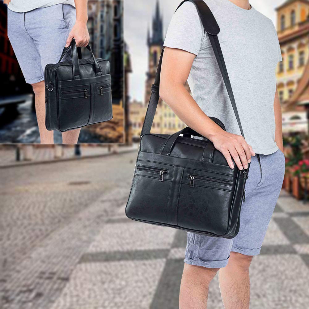 seyfocnia Men's Leather Messenger Bag, 17.3 Inches Laptop Briefcase Business Satchel Computer Handbag Shoulder Bag for Men-Black