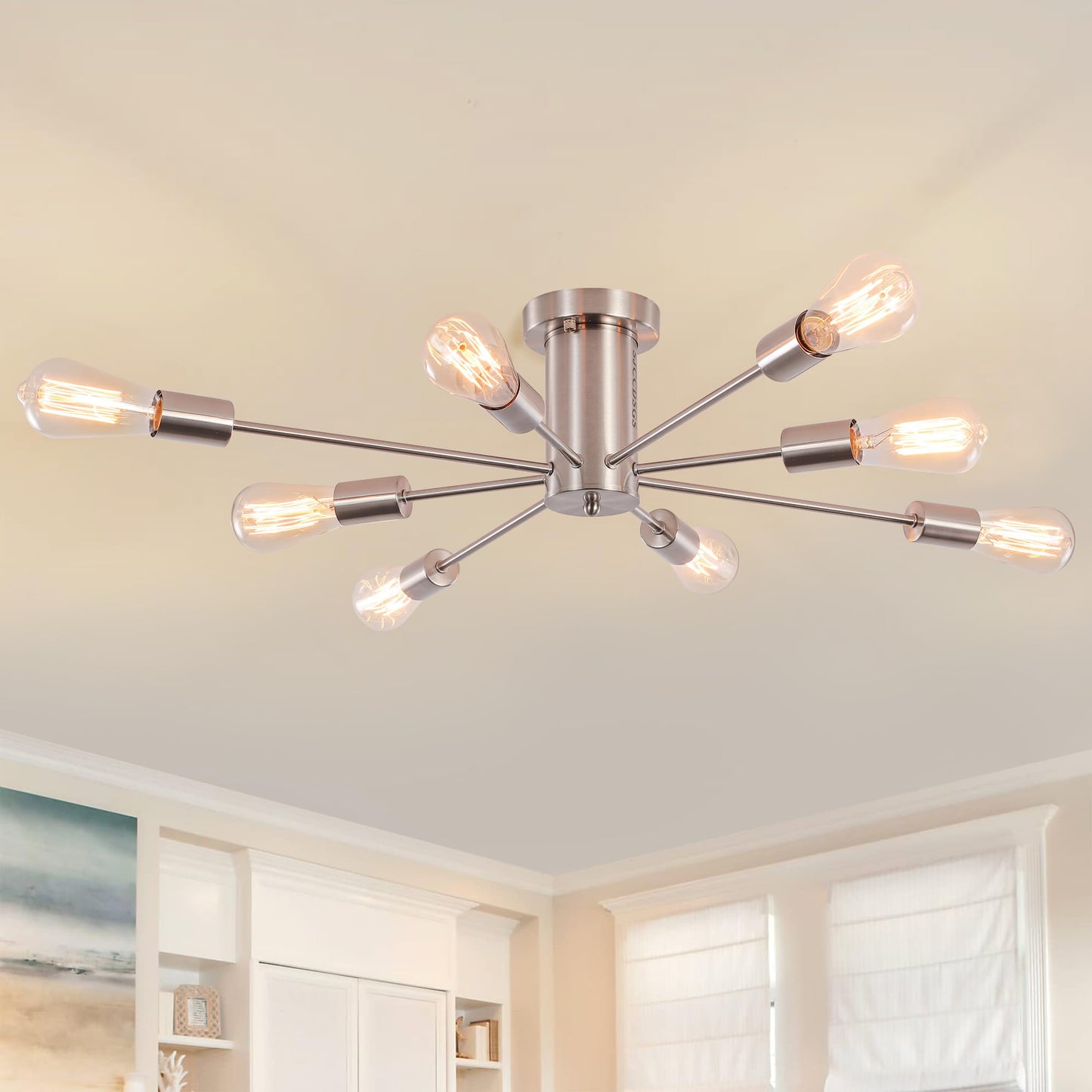 ANKYLHUA Modern Chandelier Ceiling Light Fixture Sputnik Chandeliers Silver Farmhouse Chandelier Over Table 8-Light Flush Mount Ceiling Light Fixture for Dining Room, Living Room, Bedroom, Kitchen
