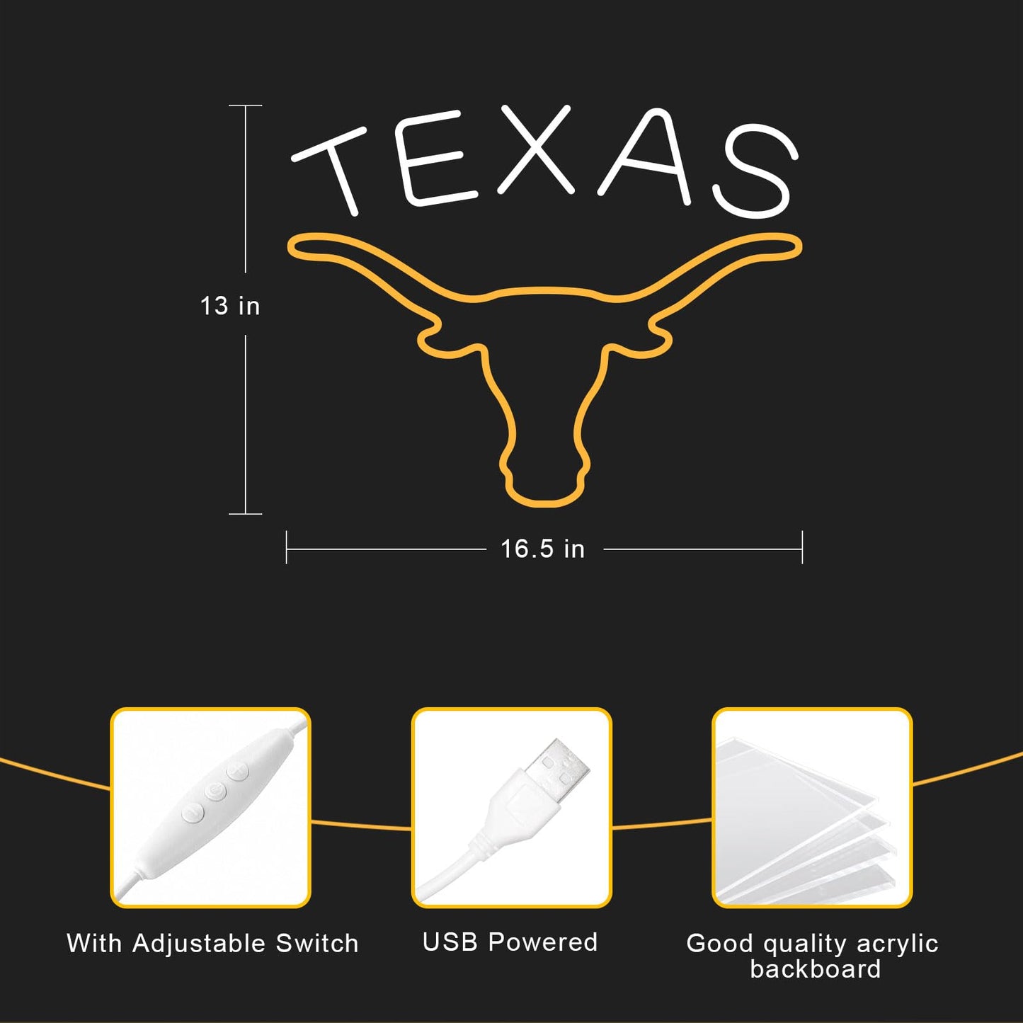 TEXAS Longhorn Neon Sign for Wall Decor -Adjustable Brightness LED Bull Neon Light Signs, Cow Neon Signs - USB Powered Hanging Neon Sign for Game Room, Man Cave, Bar