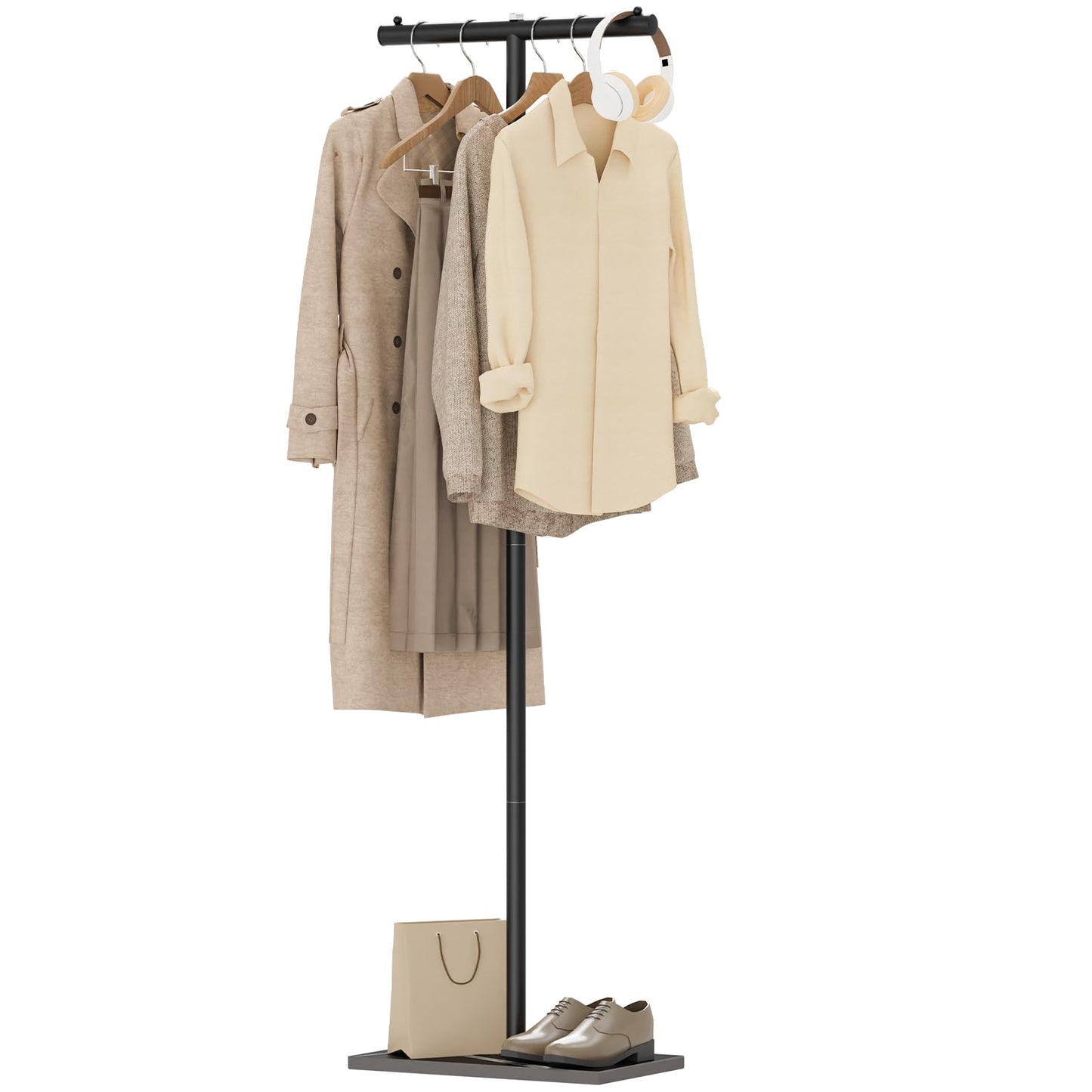 GUOHNHE T-shaped Coat Rack Freestanding, Modern Clothes Rack with Rock Slab Base, Heavy-duty Metal Coat Tree for Boutiques, Hallway, Entryway, 68.9 Inches High, Black, GYJ001B