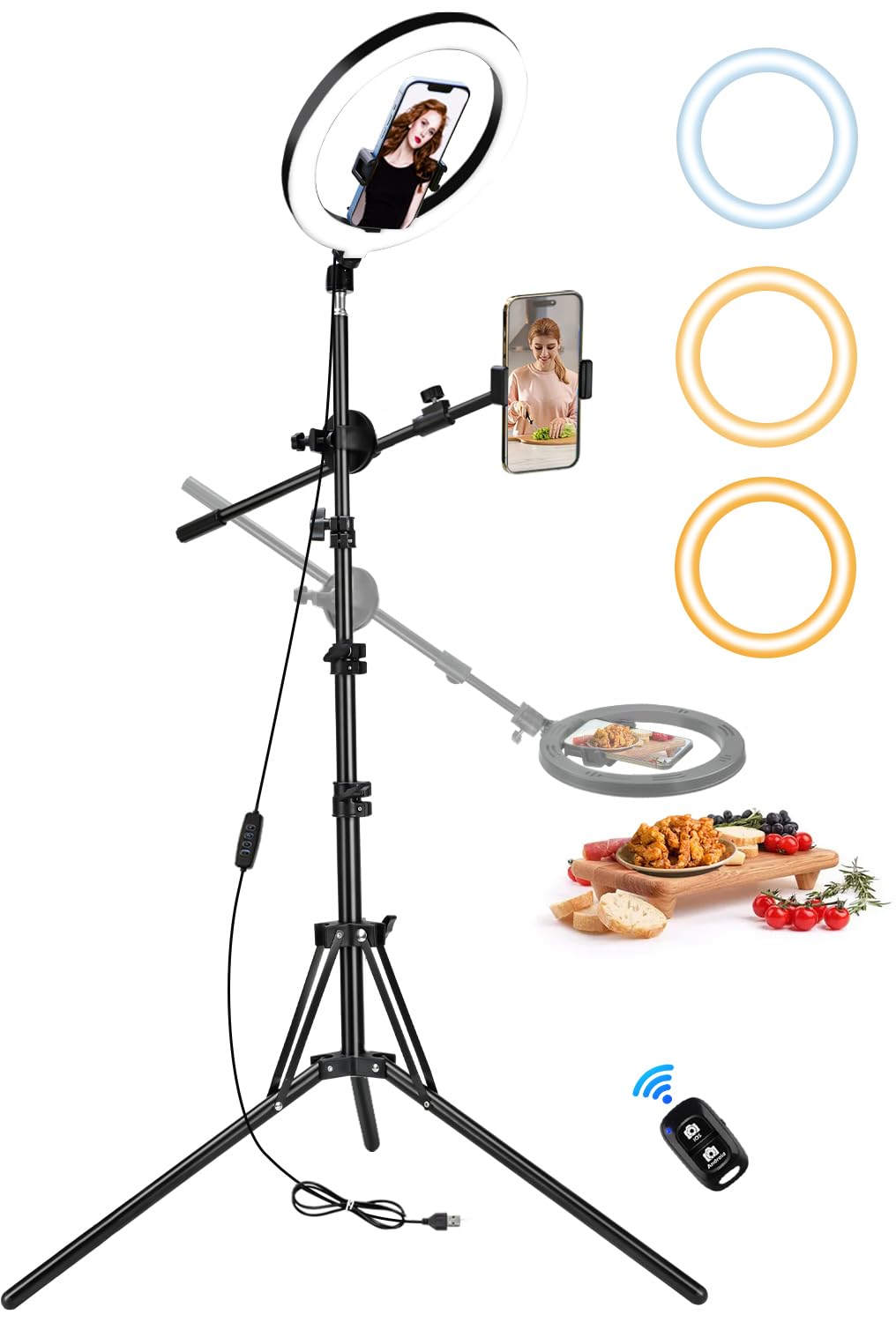 OYTKRD 10'' Ring Light Tripod for iPhone, Selfie Ring Light with Stand for iPhone, Overhead Phone Mount with Light, Phone Light for Cooking Videos/Live Streaming/Video Recording