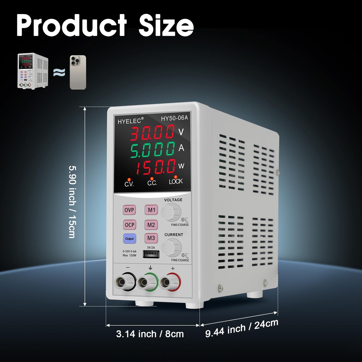 HYELEC Variable DC Power Supply,0-50V 0-6A max150W Switching Regulated Bench Power Supply with Memory, 4-Digit LED Display, 5V2A USB Interface, Output Switch, Coarse and Fine Adjustments