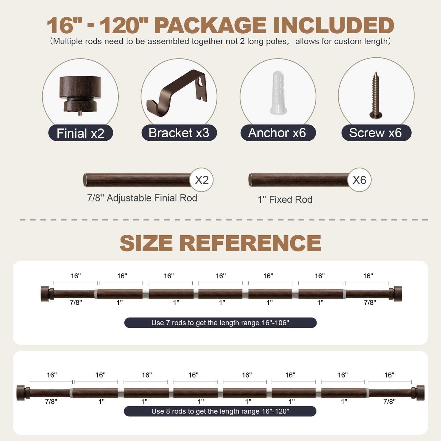Lootkell Deep Walnut Wood Curtain Rods for Windows 66 to 120 1" Diameter Heavy Duty Window Curtain Rod Adjustable with Handmade Wood Grain Design for Living Room Bedroom Kitchen Farmhouse Outdoor