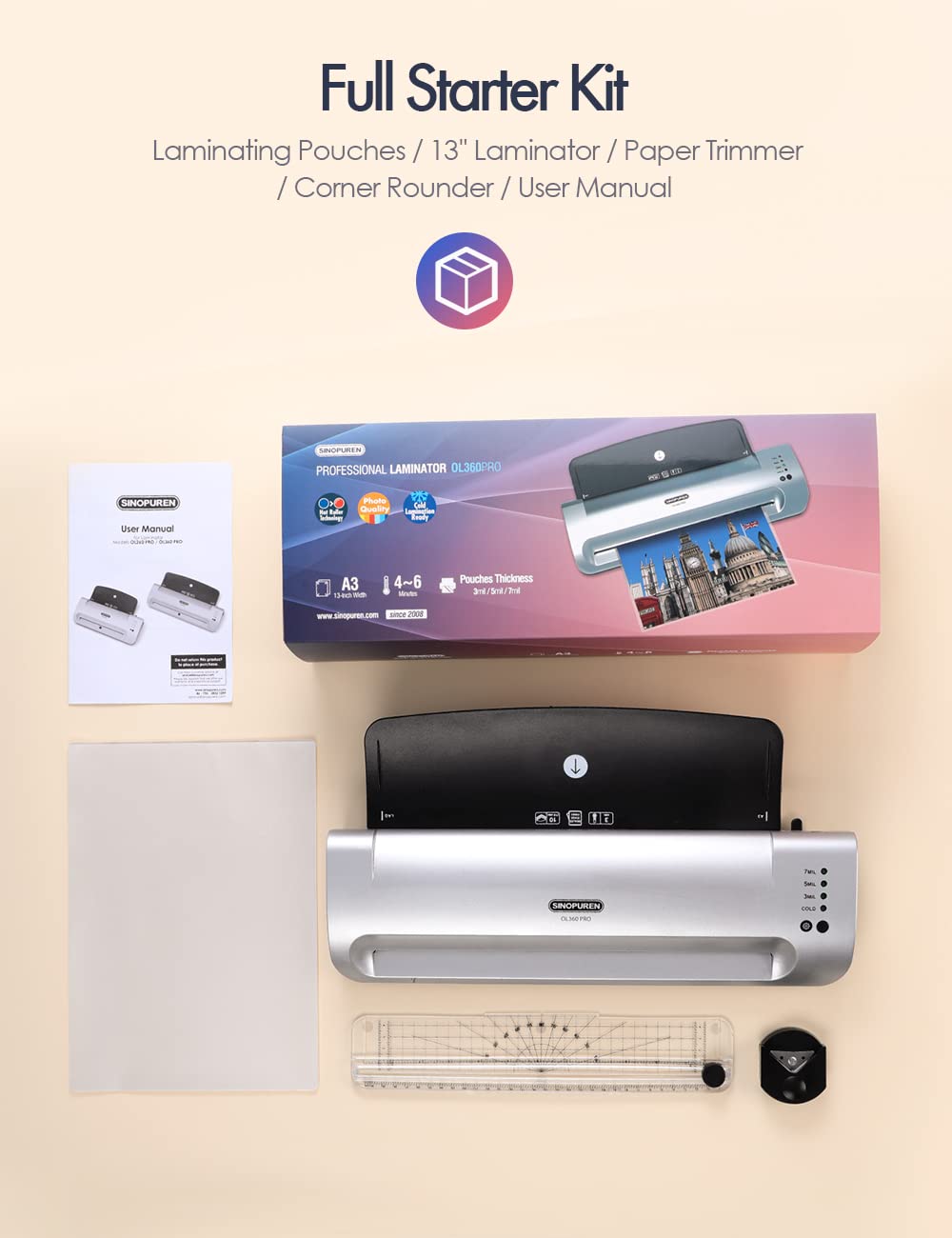 SINOPUREN 13-Inch Thermal & Cold Laminator Machine, Quick Warm-Up, 3 Temp Settings, Jam-Free ABS, Built-in Paper Trimmer & Corner Rounder, 10 Laminating Pouches, for Home Office School