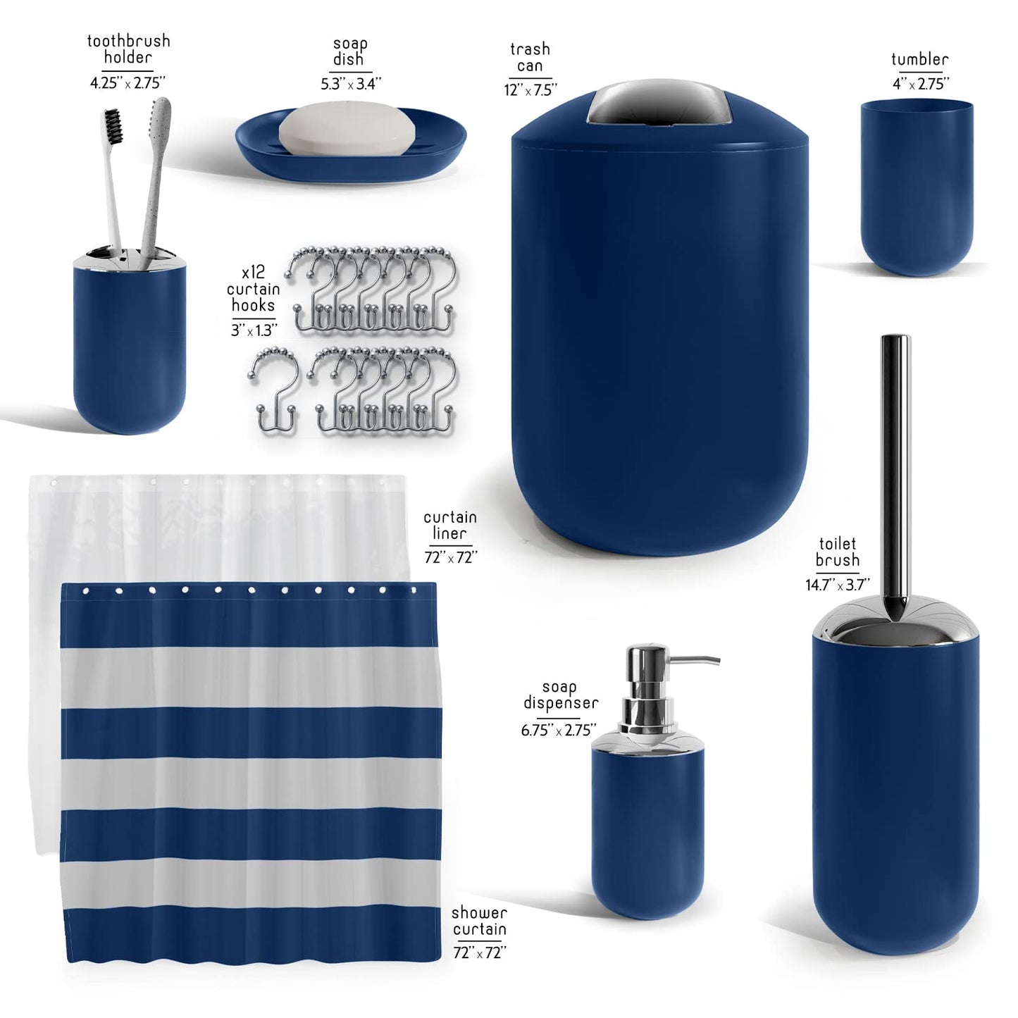 Clara Clark Bathroom Set - Navy Bathroom Accessories Set, 20PC Bathroom Accessory Set, Shower Curtain Set with Liner, Toothbrush Holder, Soap Dispenser, Soap Dish, Toilet Brush Holder, and Trash Can