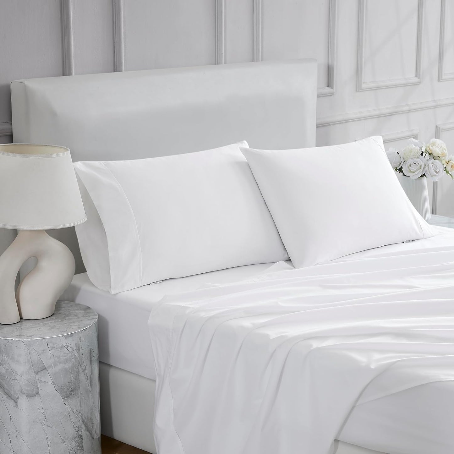 Linen Closet 4 Pcs 100% Cotton Queen Sheet Set, Arctic White, 400 Thread Count, Percale Weave, Deep Pocket Fitted Sheet, Fits Up To 18" Mattress, Crisp & Cooling Bed Sheets for Home & Hotel Use
