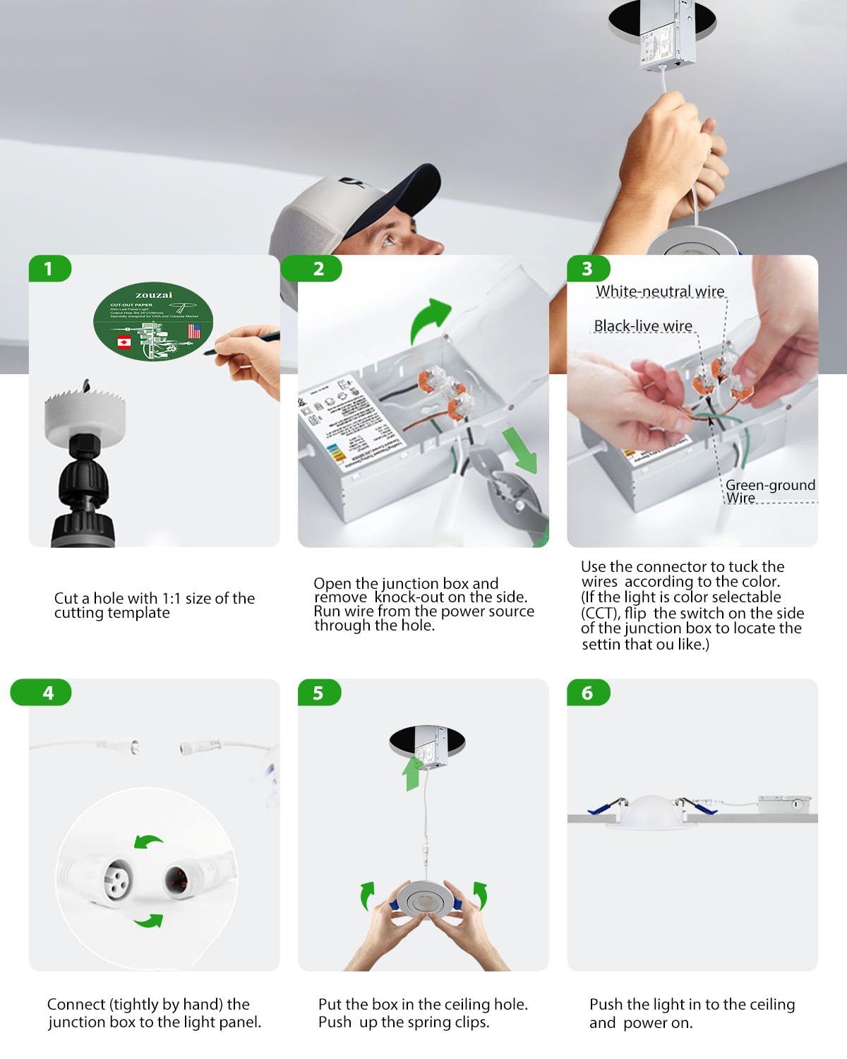 zouzai 5CCT LED Gimbal Led Recessed Light with Junction Box, 360°+90° Adjustable Directional Eyeball Lighting, Dimmable, 2700K/3000K/3500K/4000K/5000K,ETL&Energy Star (White 6 Pack, 3 inch)