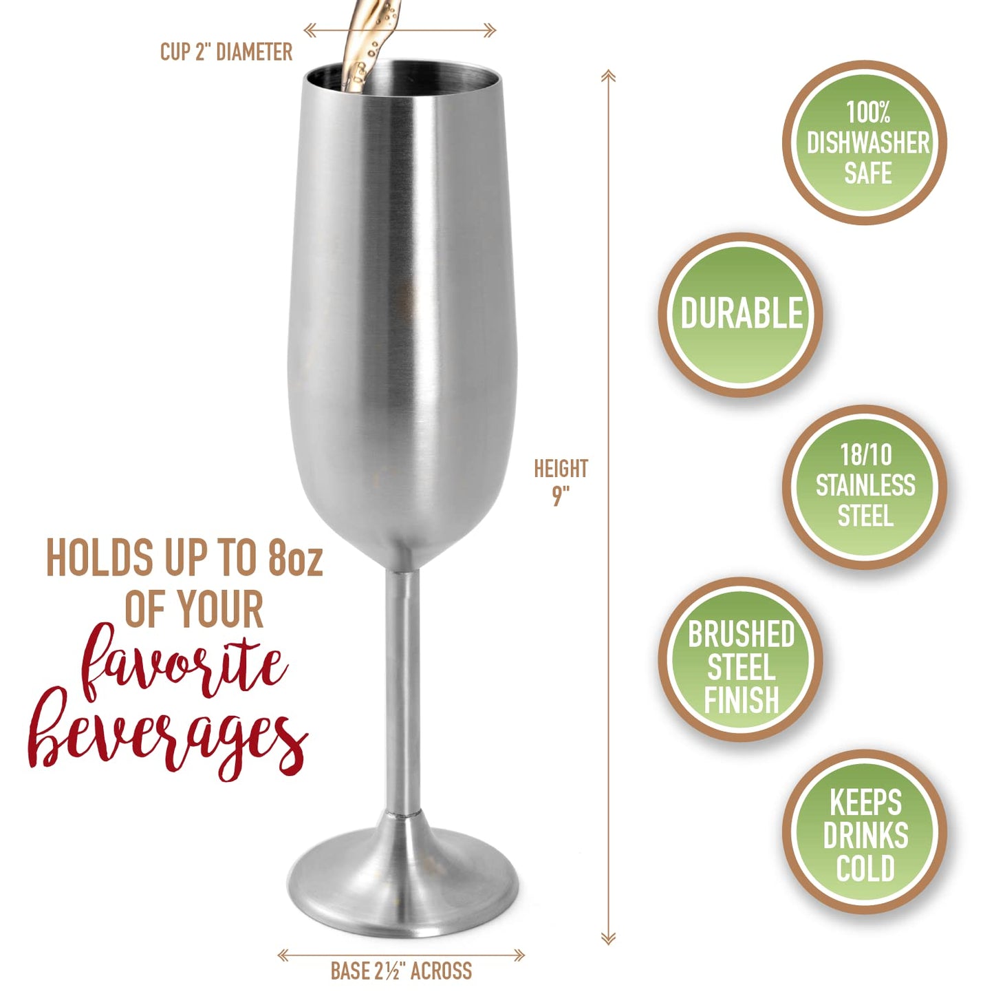 Unbreakable 8 Oz Stainless Steel Champagne Flutes (8 Pk)- Large Stemmed Matte Silver Champagne Glasses - Reusable Indoor Outdoor Drinkware - Keeps Drink Cool for Longer- Graduation & Mother's Day Gift