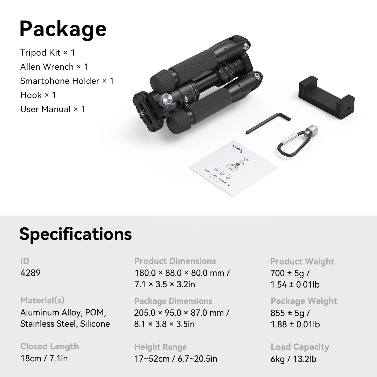 SmallRig VT-20 Aluminum Mini Tripod, 20" Desktop Tripod with 360° Ball Head, Compact Desktop Tripod for DSLR Camera Video Camcorder, Load up to 13lb/6kg-4289