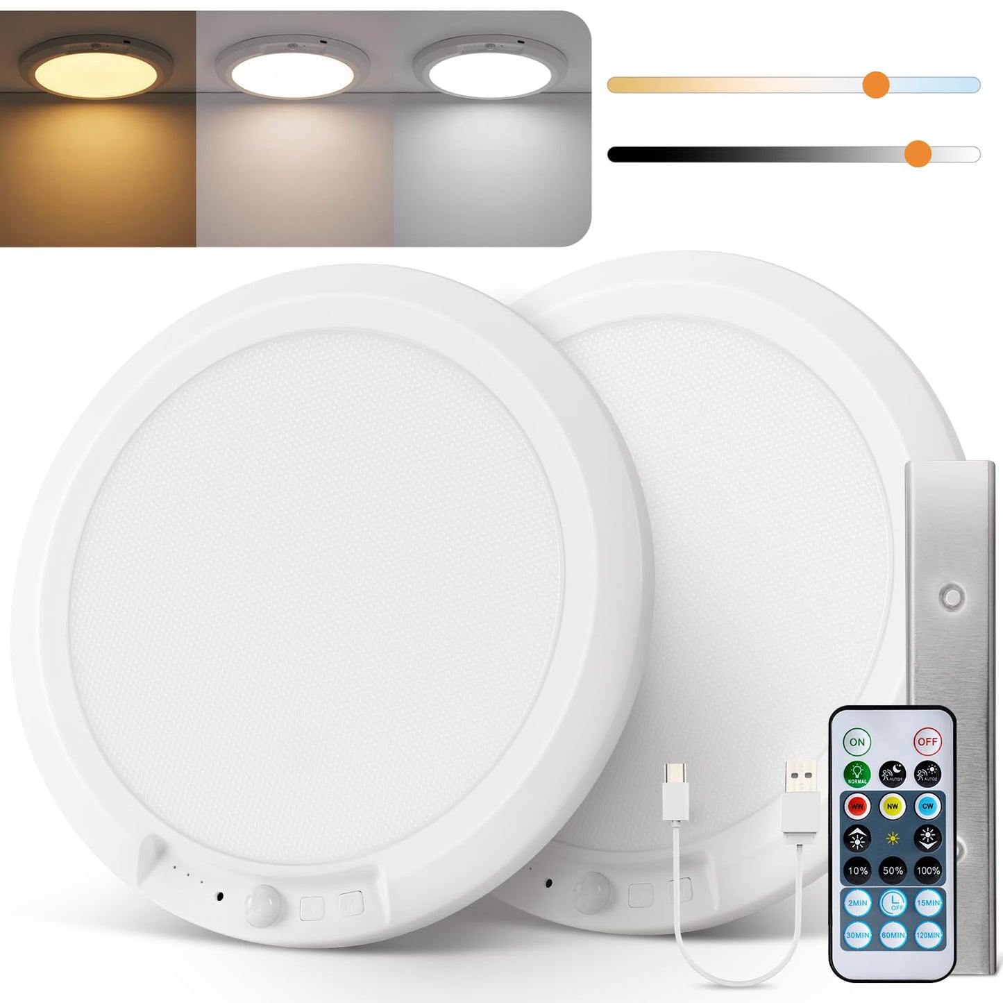 wowatt 10000mAh Rechargeable Ceiling Light with Remote, 3 Color Temperatures & Brightness Dimmable, Wireless Ceiling Light with Magnetic Design, 7.87inch Battery Ceiling Light for Shower Pantry(2 Pcs)