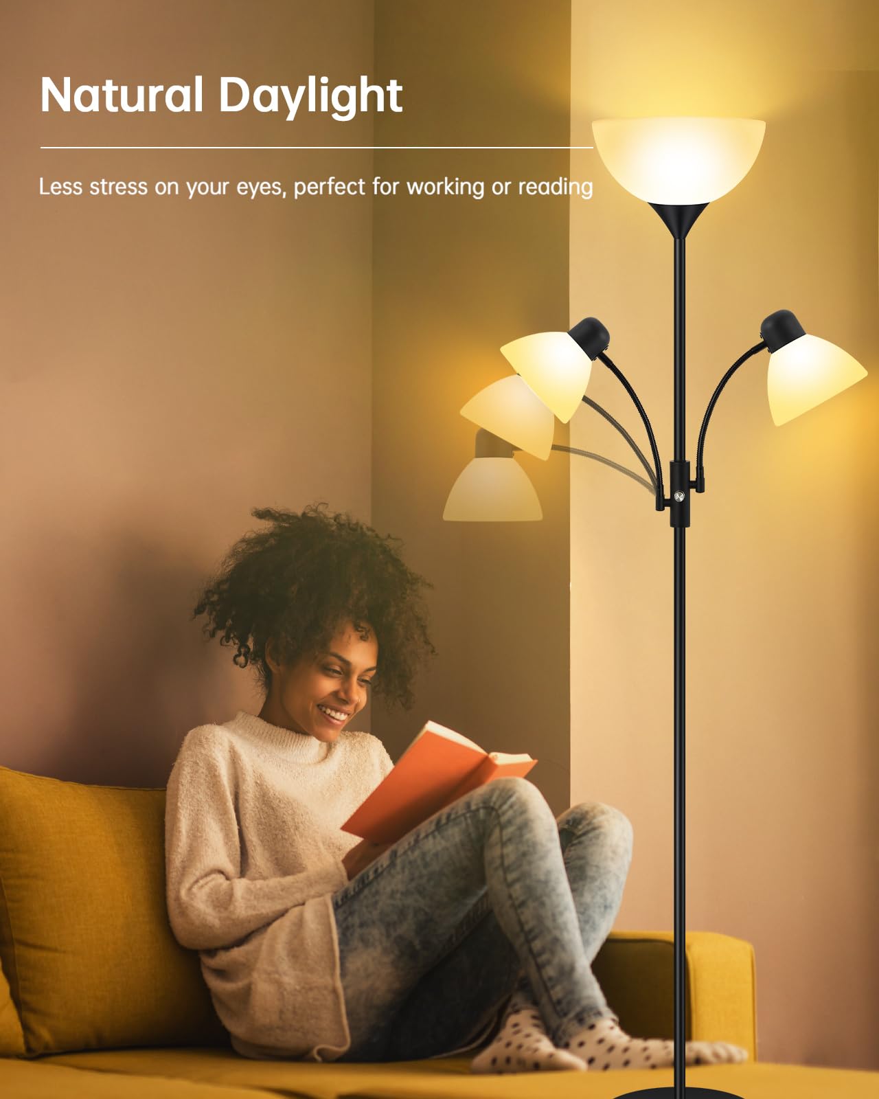 Floor Lamp Black, Standing Lamp, 71" Tall Lamps for Living Room, 3 Way Switch, Plastic Lampshade, Torchiere Floor Lamp with Reading Lamps, Modern Pole Lamps for Bedroom Kids Room E26 Base(No Bulb)