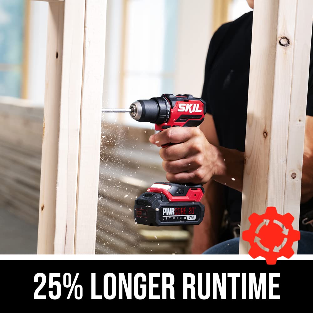 Skil PWR CORE 20 Brushless 20V 1/2" Compact Variable-Speed Drill Driver Kit with 1/2'' Single-Sleeve, Keyless Ratcheting Chuck & LED Worklight Including 2.0Ah Battery and PWR Jump Charger-DL6293B-10