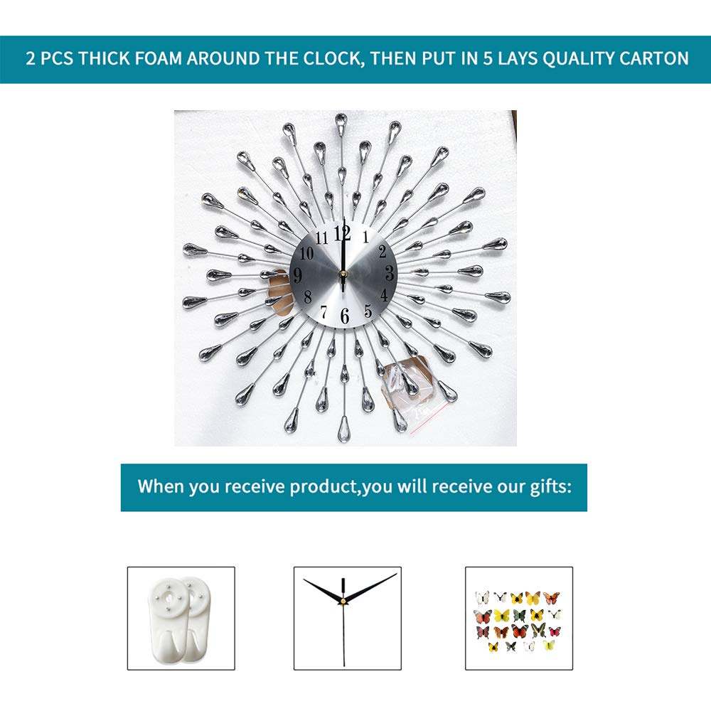 FLEBLE Large Wall Clocks for Living Room Decor Modern Silent Wall Clock Battery Operated Non-Ticking for Bedroom Kitchen Office Home Decoration 20 Inch Silver Drop Crystal Wall Watch for Indoor
