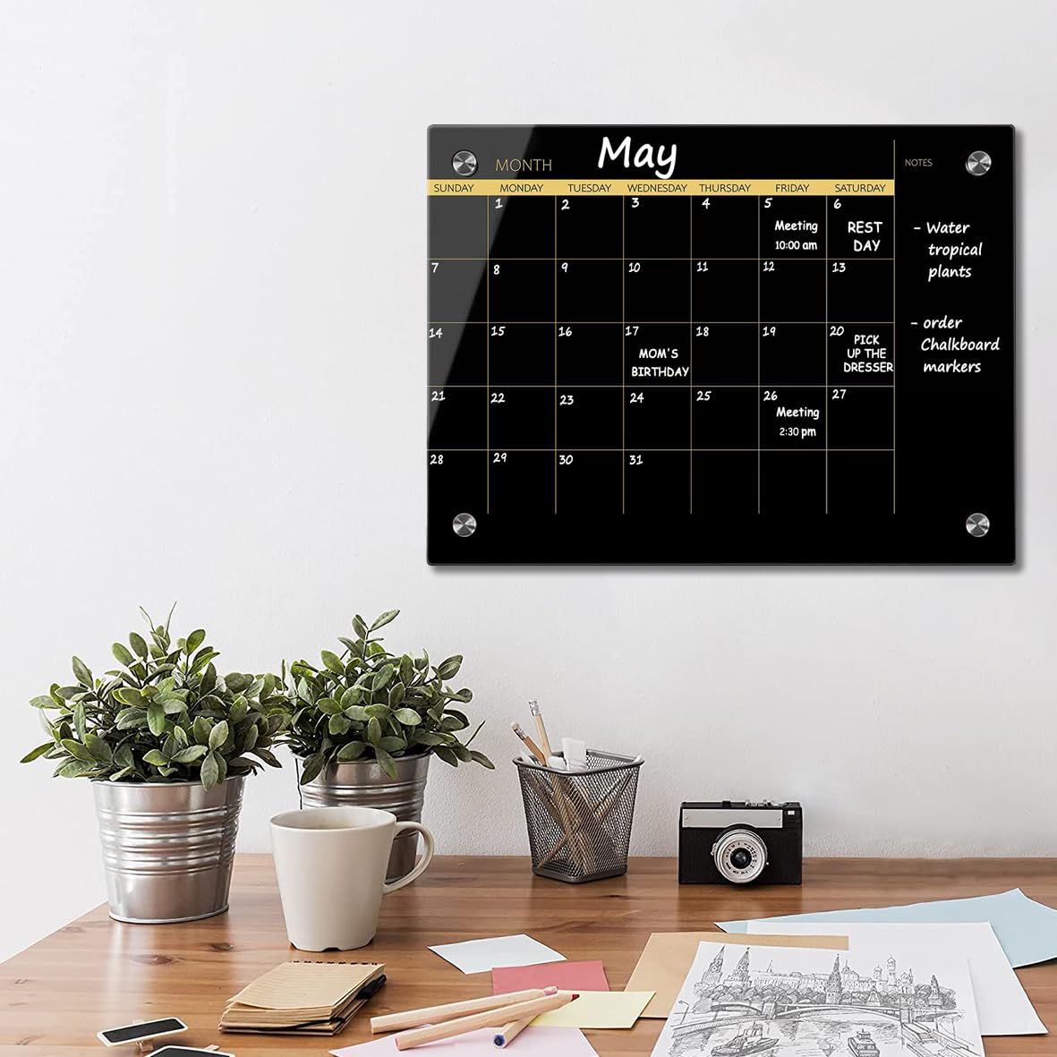 Glass Dry Erase Whiteboard,Monthly Calendar Whiteboard,18" x 24",Frameless Glass White Board for Home,School,Office,Blace Surface(GlassA-BK-4560)
