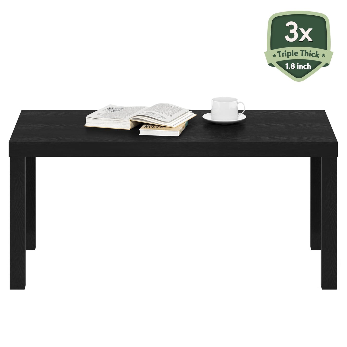 Furinno Classic Coffee Table, Modern Rectangle Coffee Table with 1.8 Inch Thick Tabletop, Side Table for Living Room, Home Office, Classic Black