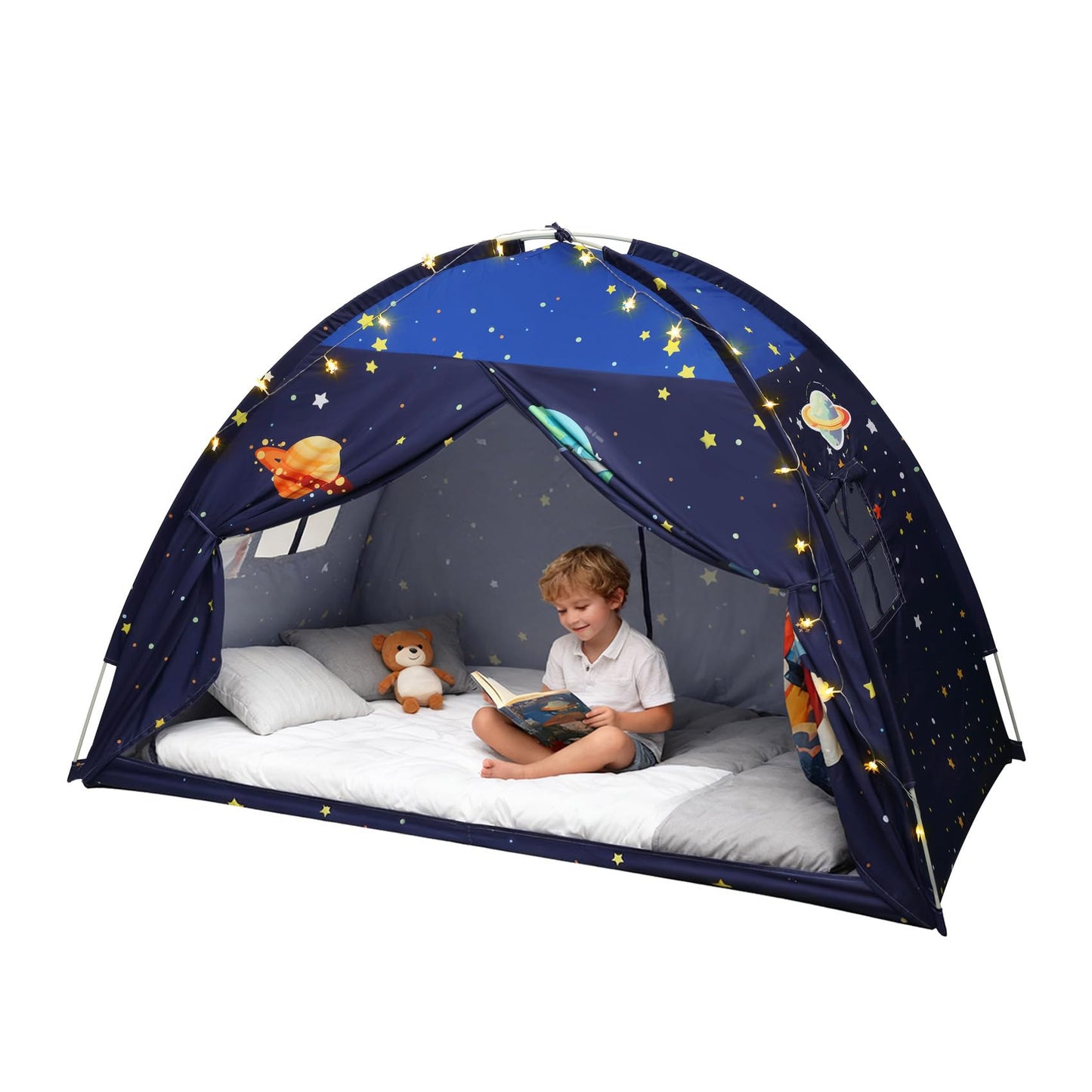 Redants Twin Bed Tent Canopy, Space Indoor Blackout Privacy Toddler Bed Tent for Kids with Light, Portable Sleeping Floor Kids Playhouse (Blue, Twin Size)