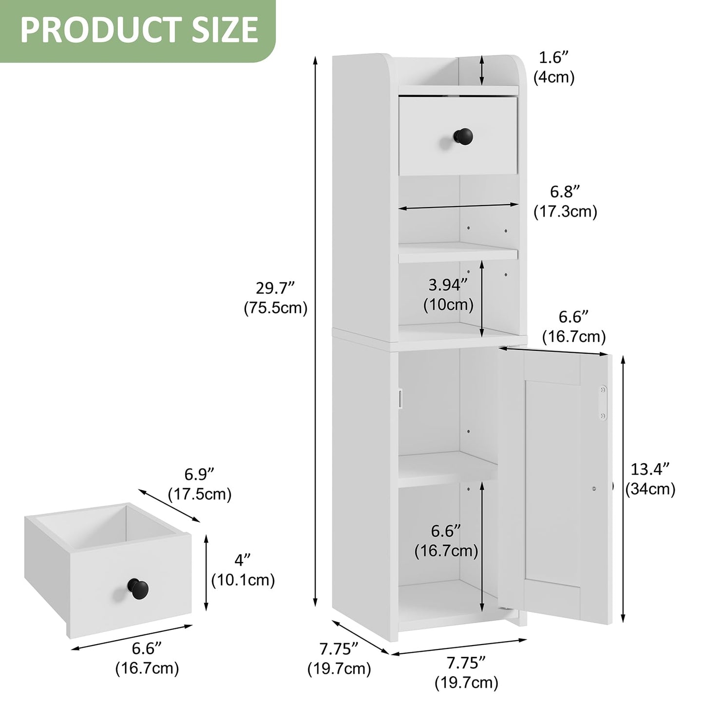 Lomojo Small Bathroom Storage Cabinet,Narrow Toilet Paper Holder,Corner Floor Cabinet with Doors and Drawer for Small Space,Adjustable Shelf Organizer,7.75L*7.75D*29.6H(White)