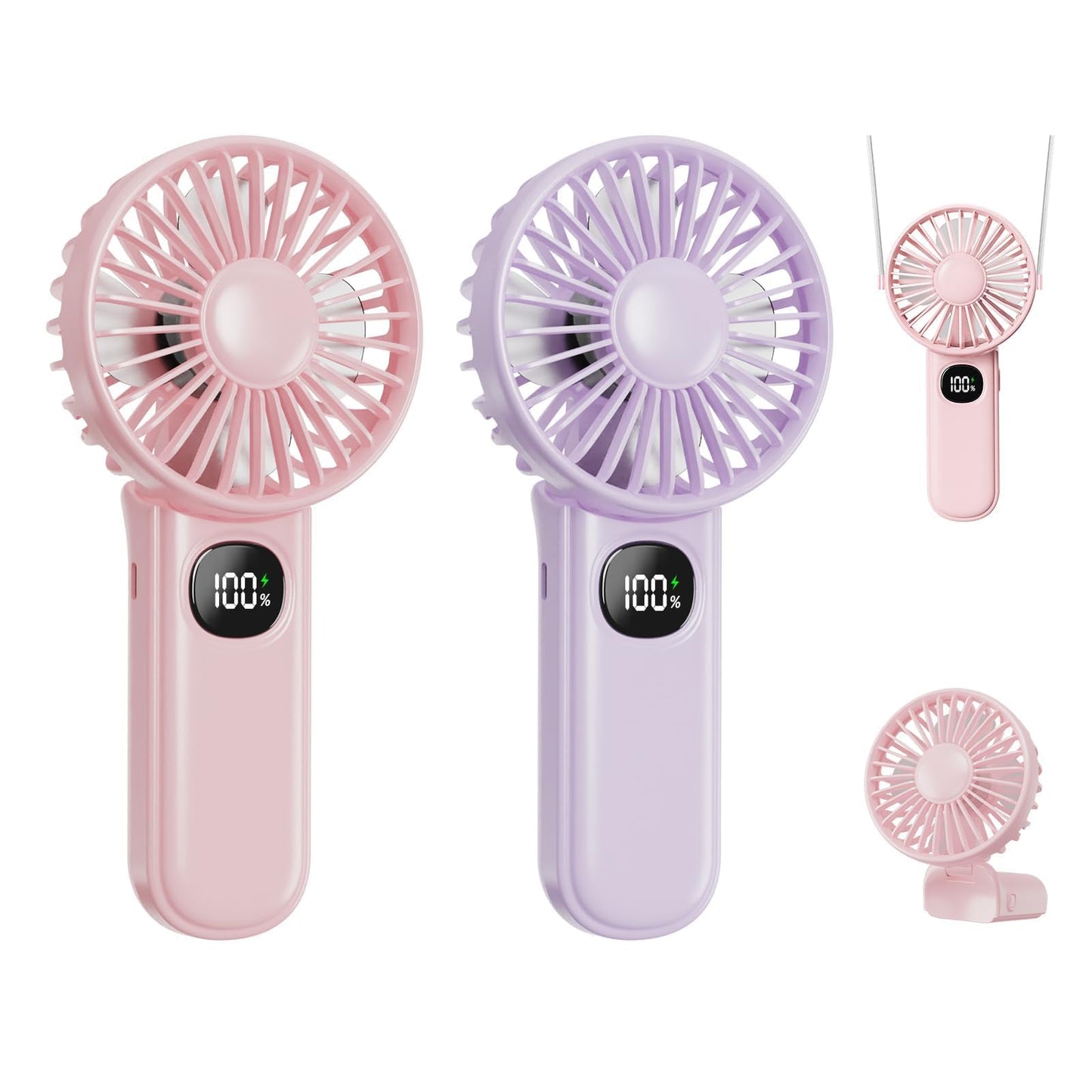 xigmer Portable Fan, 2-Pack Rechargeable Handheld Fans with 12H Battery, 5-Speed 180° Foldable USB Fan, Cooling Face Fan with Lanyard for Makeup & Travel, Camping, Hiking -Pink & Purple
