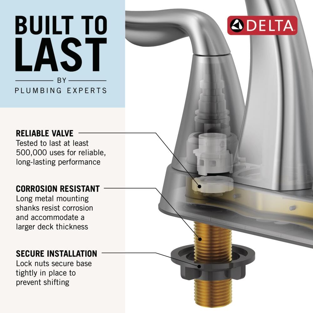 Delta Foundations Centerset Chrome Bathroom Faucet, 4 Inch 3 Hole Bathroom Sink Faucet for Vanity, Chrome B2510LF