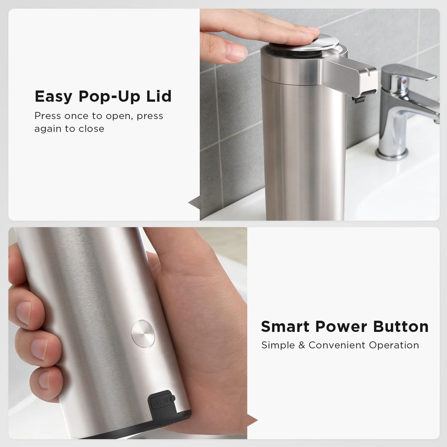 Newise Automatic Soap Dispenser - 9 oz, Rechargeable Touchless Liquid Soap for Kitchen and Bathroom with 3 Adjustable Dispensing Modes, Stainless Steel