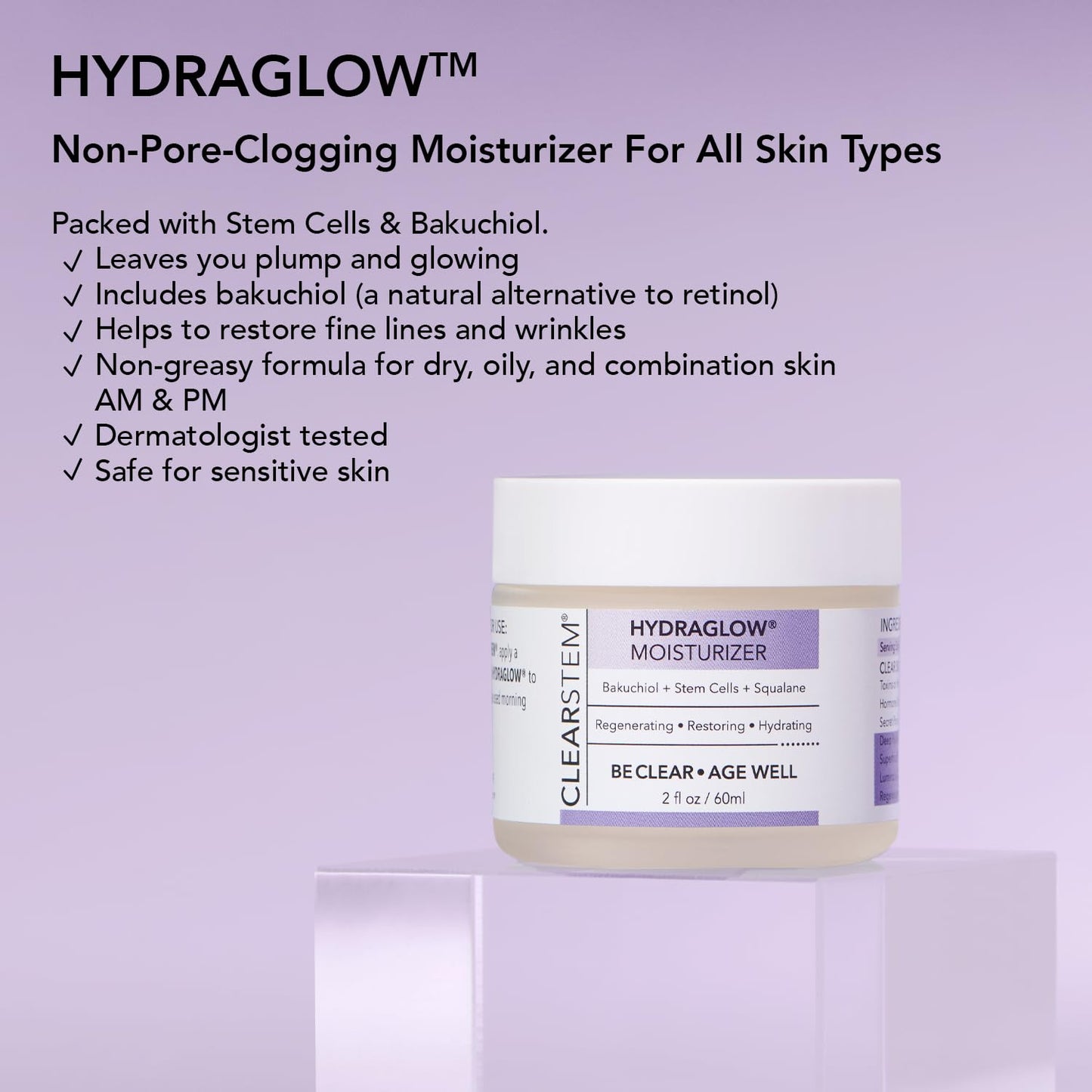 CLEARSTEM - HYDRAGLOW Stem Cell Moisturizer - Bakuchiol + Squalene - Youthful Skin Face Moisturizer - All Skin Types - Facial Skin Care Products - Vegan, Gluten Free, Cruelty Free - 2 fl oz / 60ml