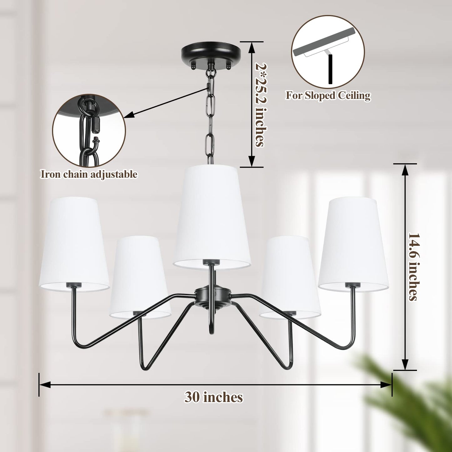 5-Light 30” Modern Chandelier with White Shades, Classic Pendant Ceiling Light Fixture for Dining Room, Black Chandelier with E12 Base Hanging Lamp for Living Room Hallway Bedroom, Height Adjustable
