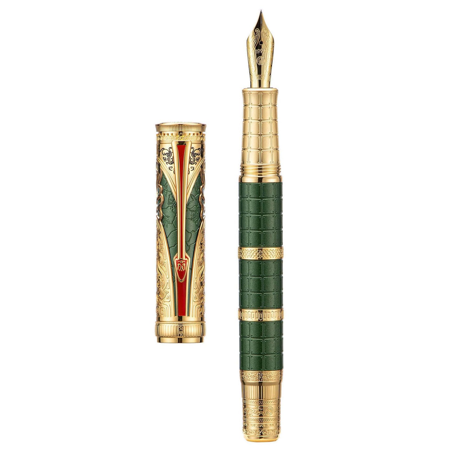 Hongdian D5X Fountain Pen - Green Qin Dynasty Retro Chinese Totem Engraving, Extra Fine Nib, Smooth Writing with Converter and Pen Box Set
