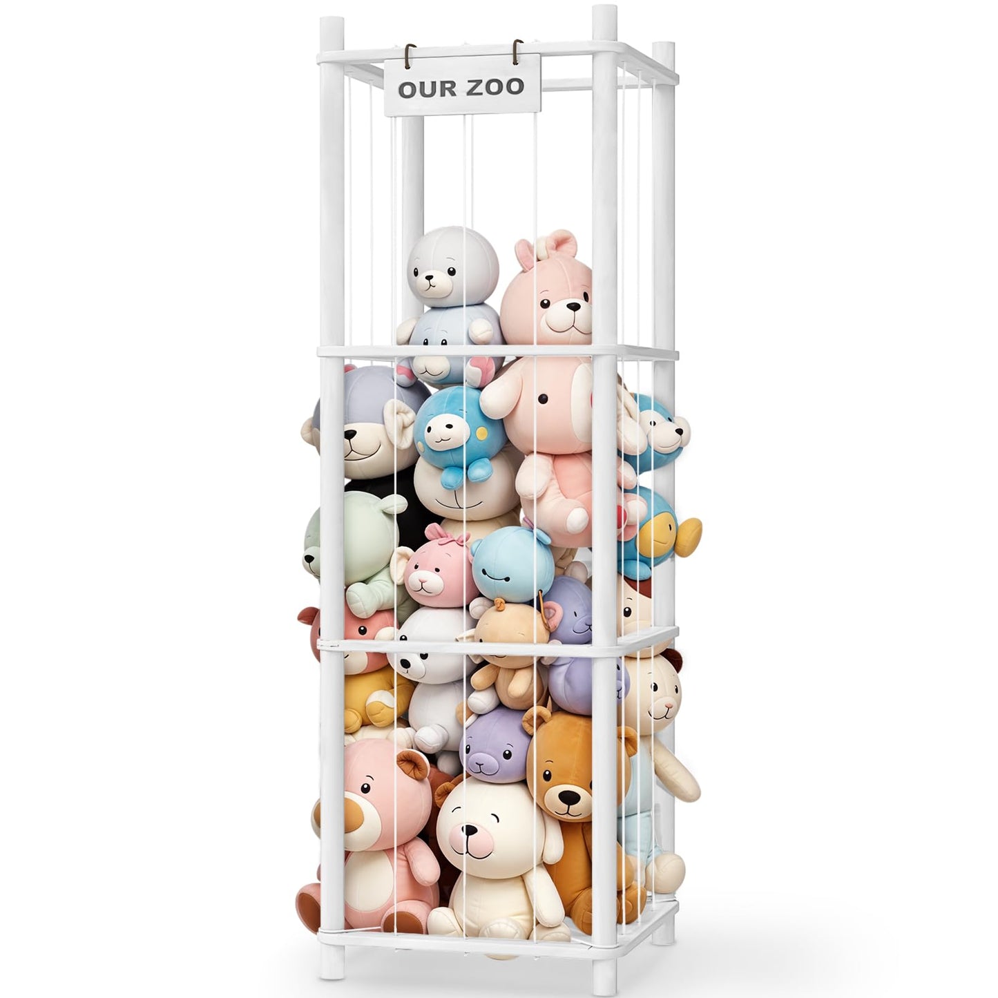 Woodure Stuffed Animal Storage & Organizer, Wooden Cute Zoo Toy Holder for Toddler Rooms, Playrooms & Bedrooms（White）