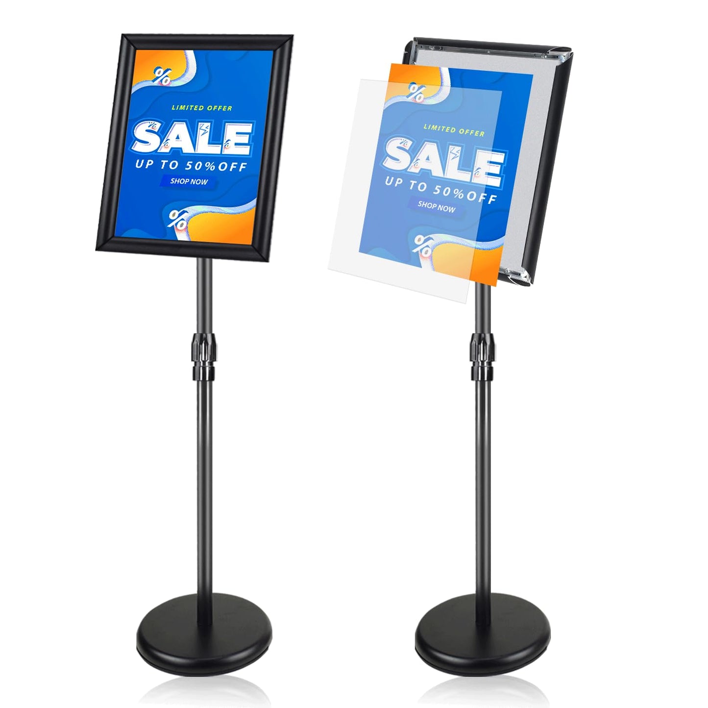 AceShow 2 Pack Sign Holder Stand - 8.5 ×11 inch Standing Display Sign Stand, Adjustable Poster Sign Holder, Heavy Duty Pedestal Floor Sign Stand, Snap Open Frame for Vertical & Horizontal View, Black