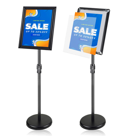 AceShow 2 Pack Sign Holder Stand - 8.5 ×11 inch Standing Display Sign Stand, Adjustable Poster Sign Holder, Heavy Duty Pedestal Floor Sign Stand, Snap Open Frame for Vertical & Horizontal View, Black