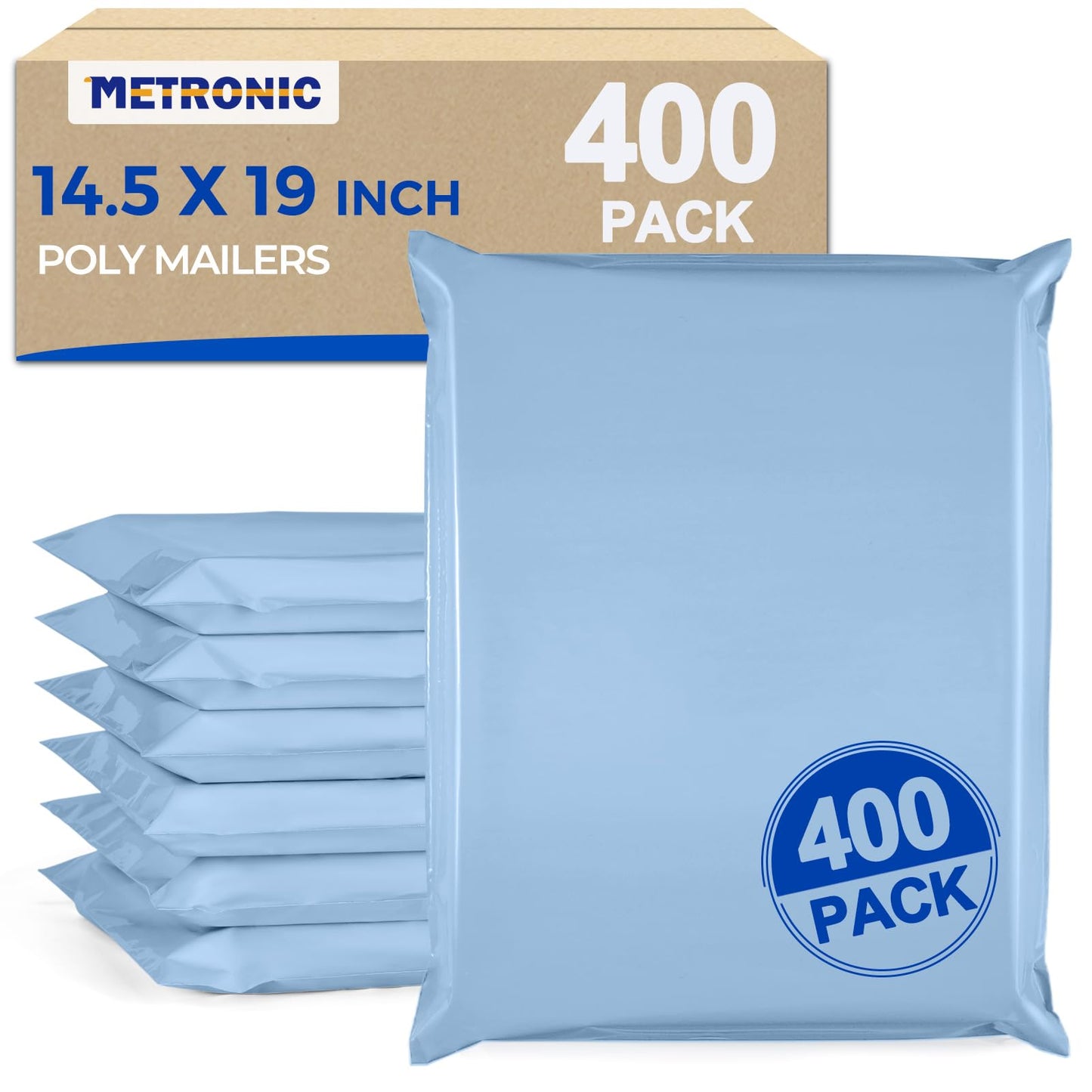 Metronic Poly Mailers 14.5x19 400pcs, Large Shipping Bags for Clothes Bulk, Self-Seal Mailers Poly Bags Shipping Envelopes for Small Business, Waterproof Packaging Mailing Bags, Light Blue