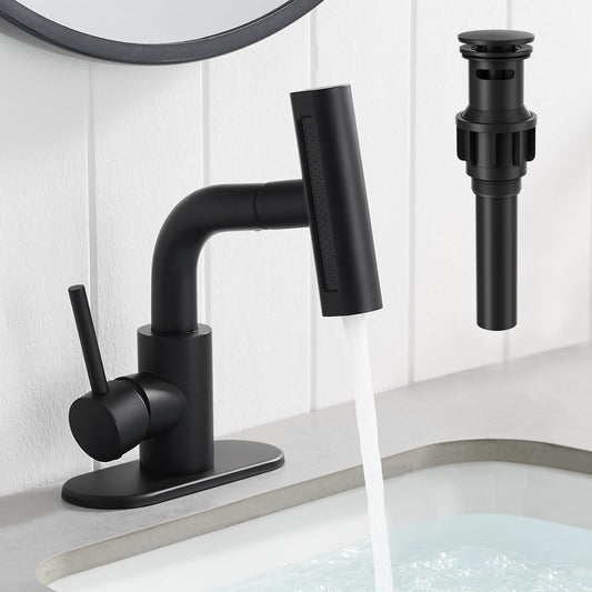 Kroias Matte Black Bathroom Sink Faucet with 4 Mode Pull Down Sprayer, Pull Out Bathroom Faucet with Pop-Up Drain, 1 or 3 Hole Single Handle Laundry Bar Vanity Rv Faucet with cUPC Supply Lines