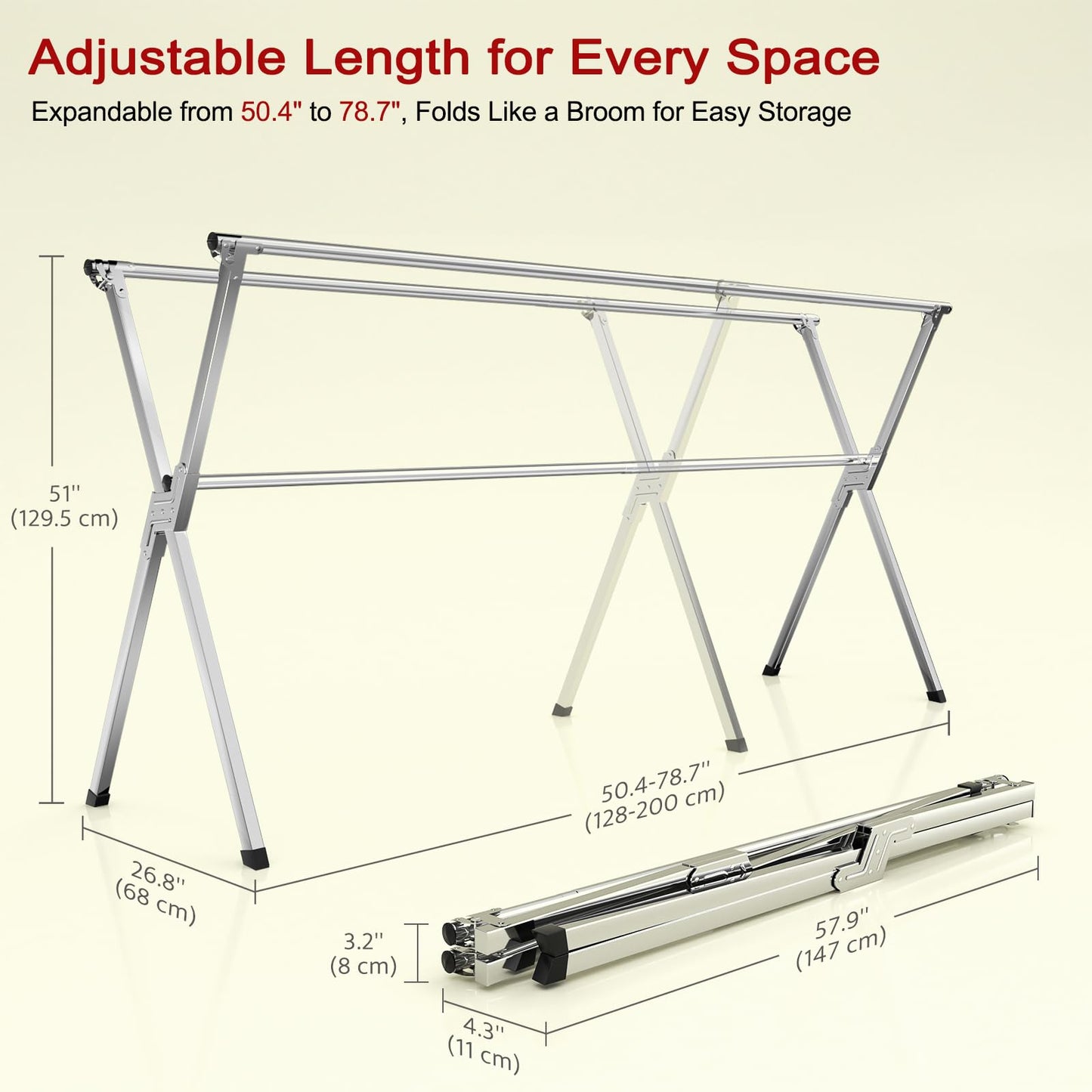 SOLVESTIS Clothes Drying Rack, Heavy-Duty Folding Laundry Drying Rack for Indoor Outdoor Use, 50.4-78.7" Extendable Stainless Steel, Space-Saving Design, Foldable Freestanding Airer