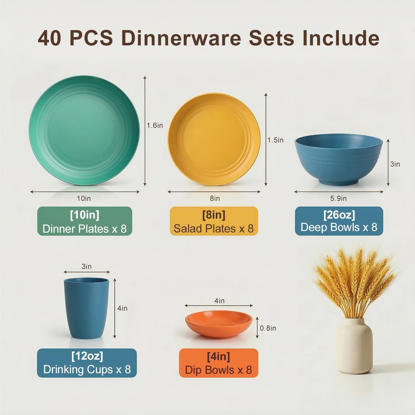 BUSOKIP Wheat Straw Dinnerware Sets 40 Piece, Kitchen Plates and Bowls Set, Unbreakable Dishes Set for 8, Microwave and Dishwahser Safe Dishware Sets for Home, Camping, RV, Party - Multi