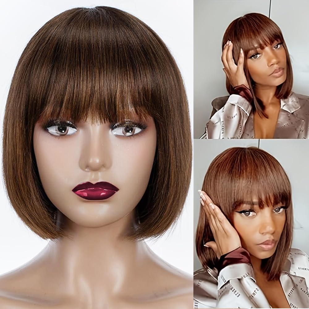 Rebasar Chocolate Brown Short Bob Wigs Human Hair Wear and Go Bob Wig With Bangs Human Hair Wigs for Black Women Human Hair Glueless Brazilian Straight Hair None Lace Front Wig Dark Brown 8 Inch