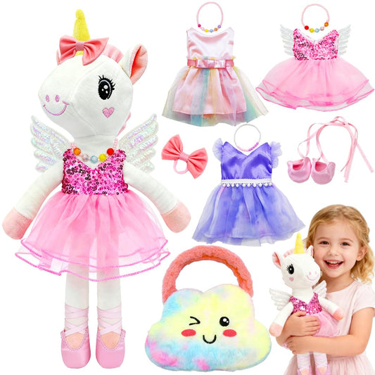 Ballerina Unicorn Toys for Girls Age 4-6, Unicorn Stuffed Animal Dolls Playset, 3 Set Ballet Princess Dress Up Doll with Rainbow Plush Bag, Unicorns Gifts for Birthday Easter Basket Stuffers