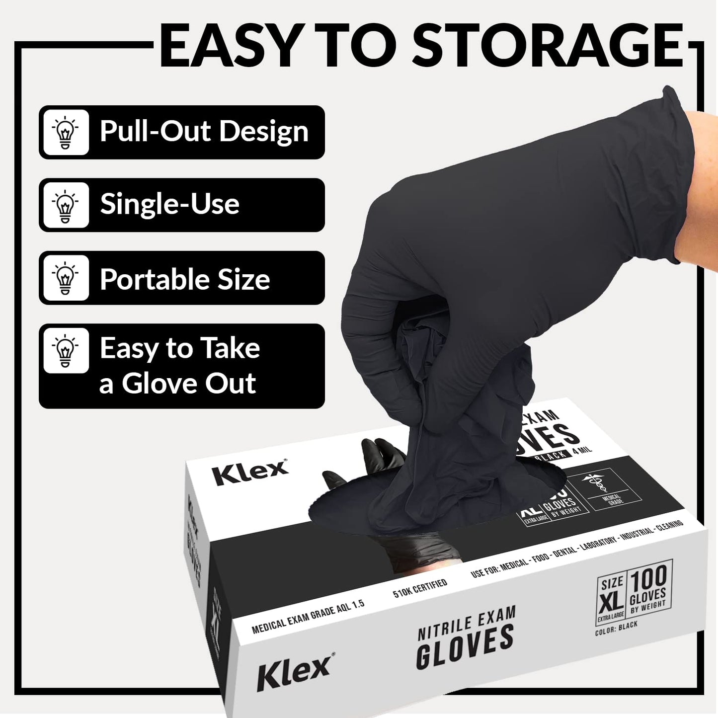 Klex Nitrile Exam Gloves - Medical Grade, Powder Free, Rubber Latex Free, Disposable Examination Grade Glove, Food Safe, Black, Medium, 1000 Count