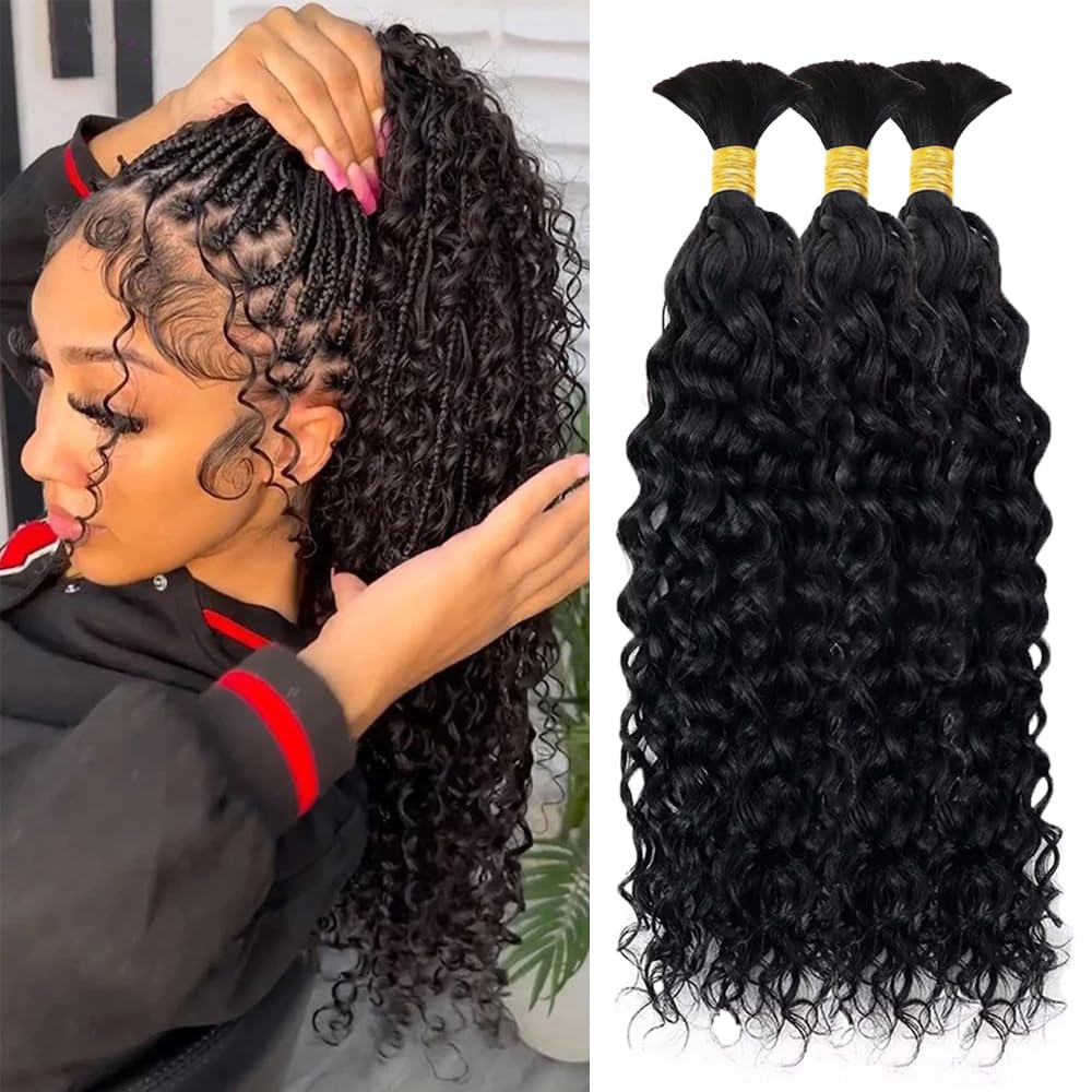 Human Braiding Hair 3 Bundles/Pack 150g Curly Water Wave Human Bulk Hair for Braiding No Weft 10A Brazilian Virgin Human Braiding Hair for Boho Braids Wet and Wavy Braids Extensions (16 16 16inch)