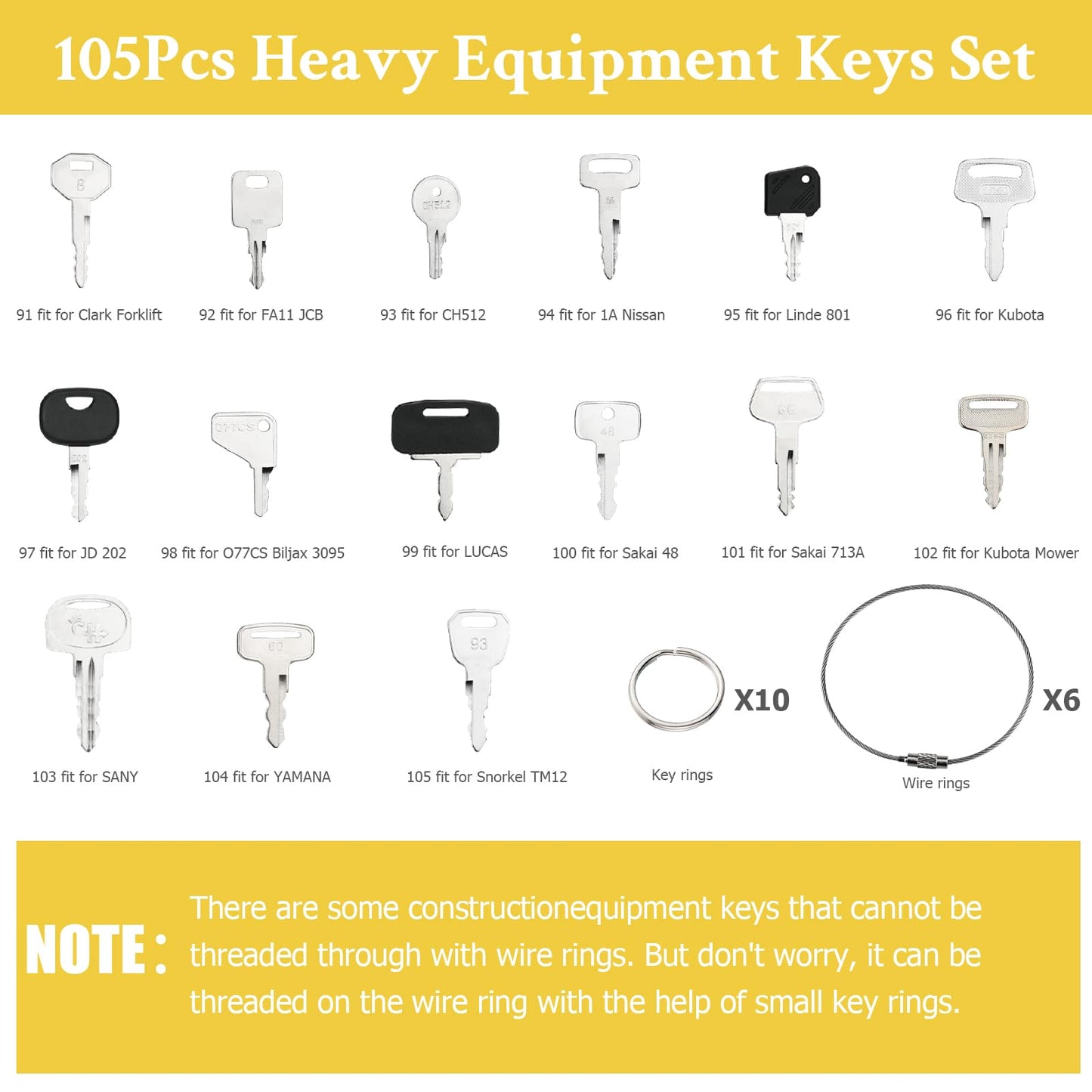 105PCS No-Duplicate Heavy Equipment Keys Master Set for Caterpillar Cat John Deere Komatsu Volvo Bobcat Kubota JCB Case Hyster Yanmar Daewoo Takeuchi Ford New Holland Construction Machine
