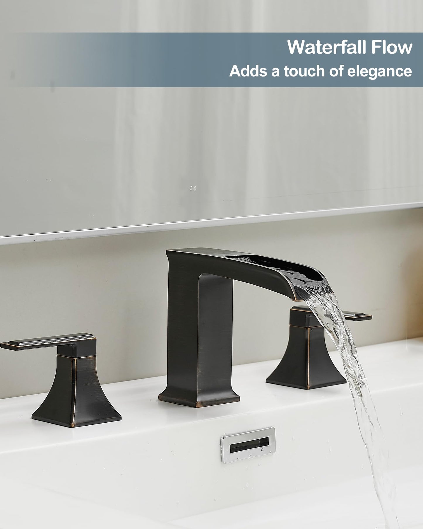 HEYMYTAP Oil Rubbed Bronze Bathroom Faucet 3 Hole, 4-16 Inch Brass Waterfall Faucet for Bathroom Sink, 2 Handle Vanity Bathroom Faucets with Pop-up Drain and Supply Hoses